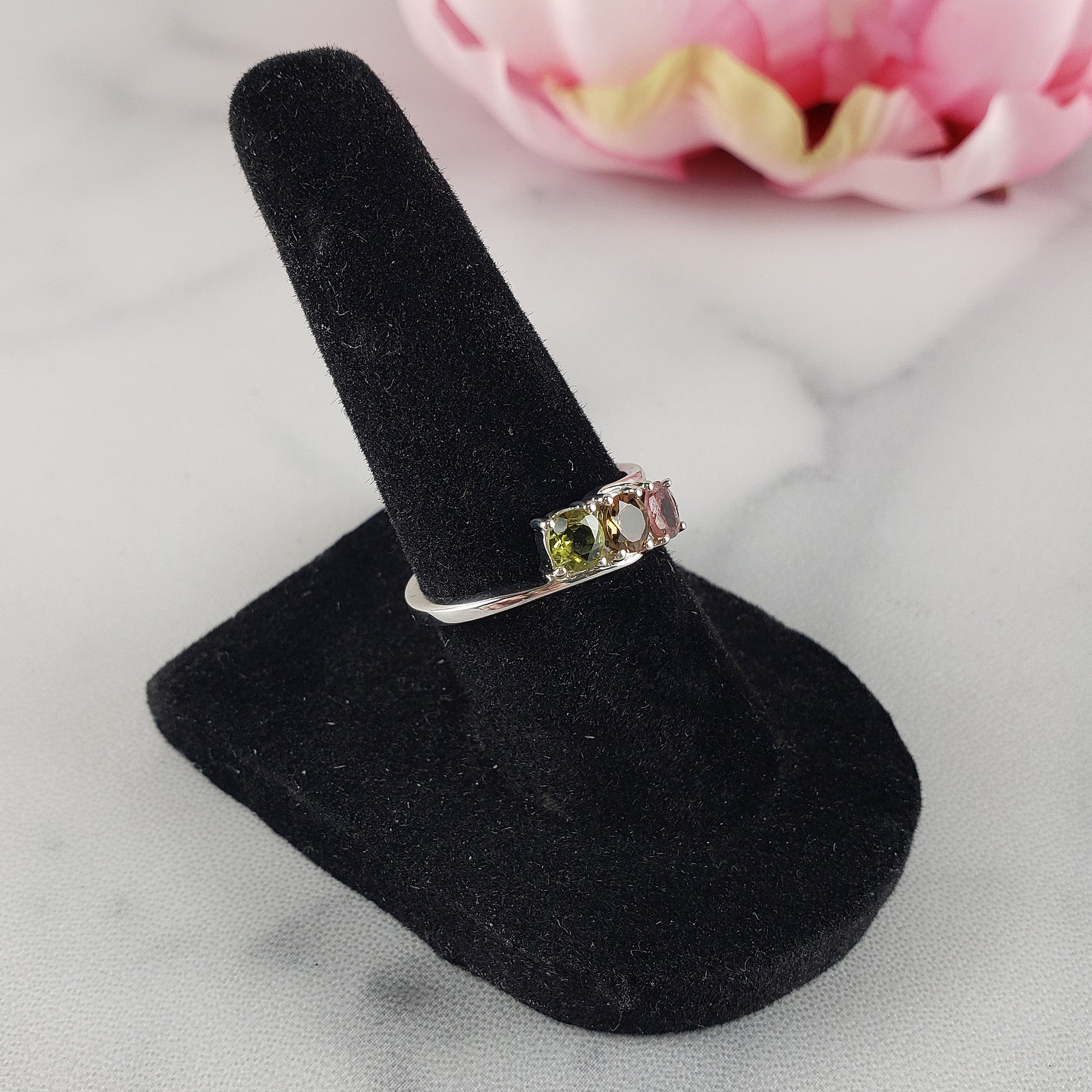 Green Tourmaline, Yellow Tourmaline, & Pink Tourmaline Crystal Natural Gemstone 925 Sterling Silver Ring | Size 6 - b