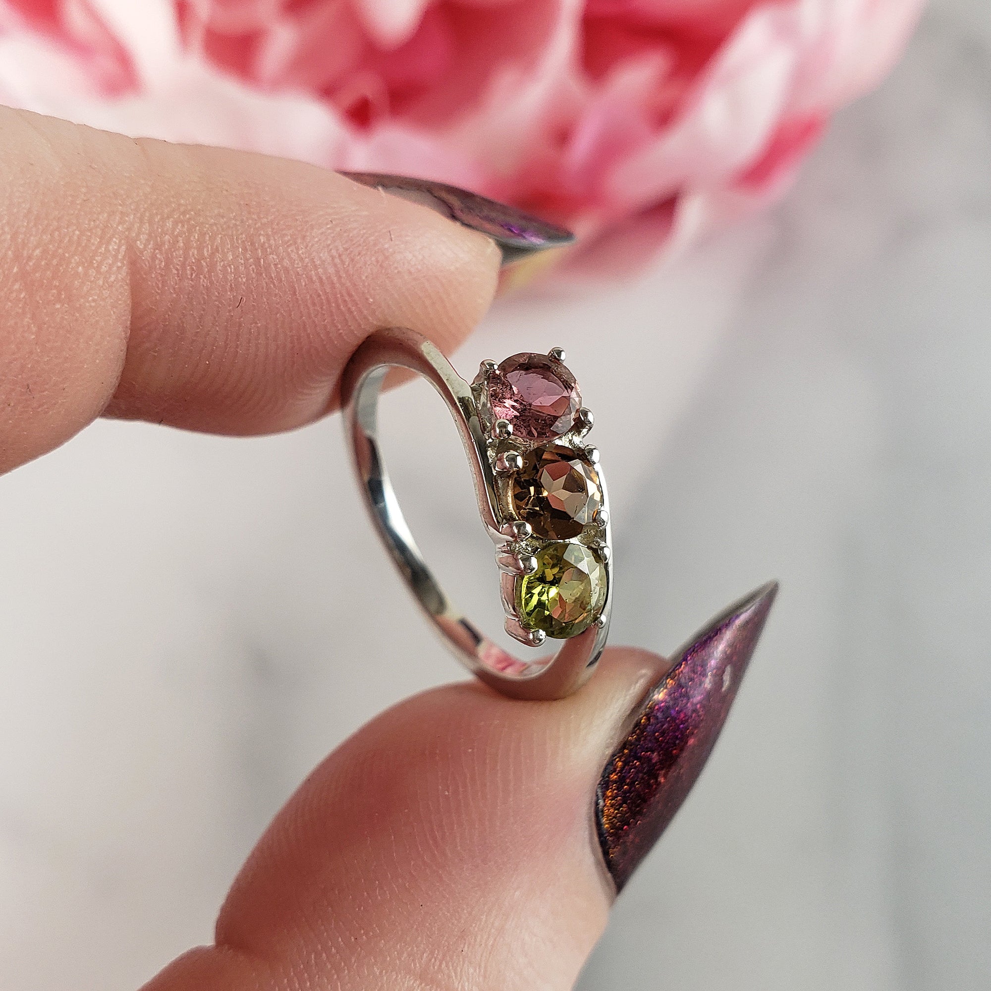 Green Tourmaline, Yellow Tourmaline, & Pink Tourmaline Crystal Natural Gemstone 925 Sterling Silver Ring | Size 6 - a