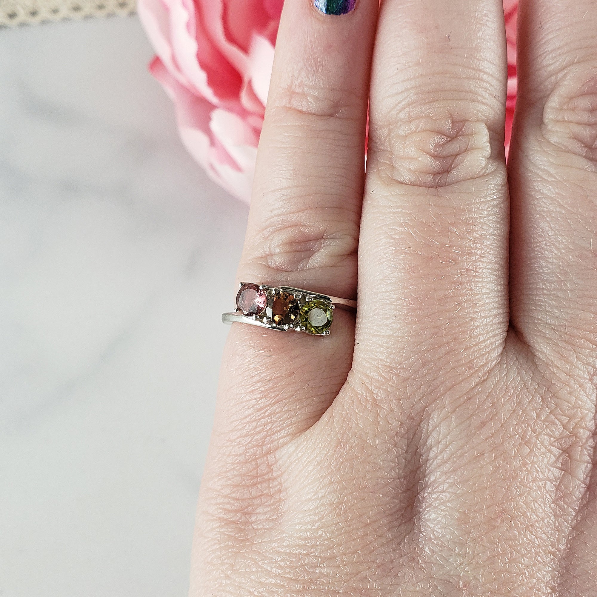 Green Tourmaline, Yellow Tourmaline, &amp; Pink Tourmaline Crystal Natural Gemstone 925 Sterling Silver Ring | Size 6 - d