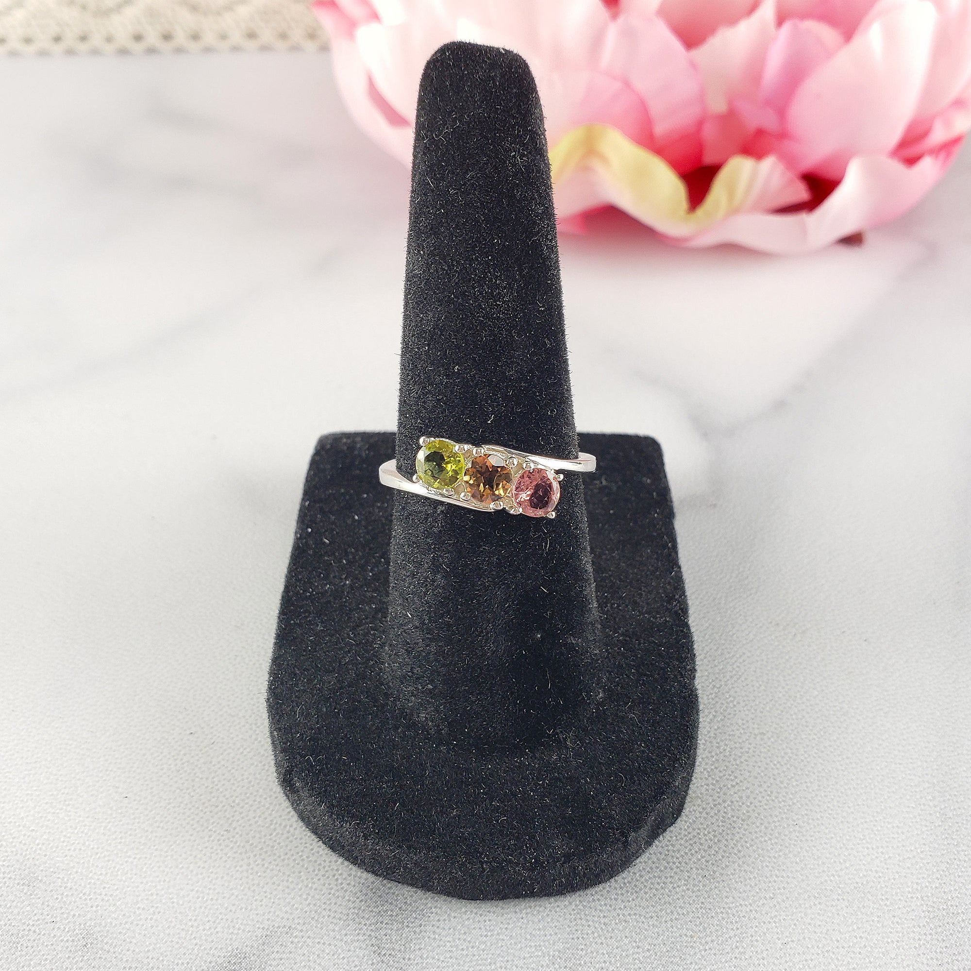 Green Tourmaline, Yellow Tourmaline, & Pink Tourmaline Crystal Natural Gemstone 925 Sterling Silver Ring | Size 6