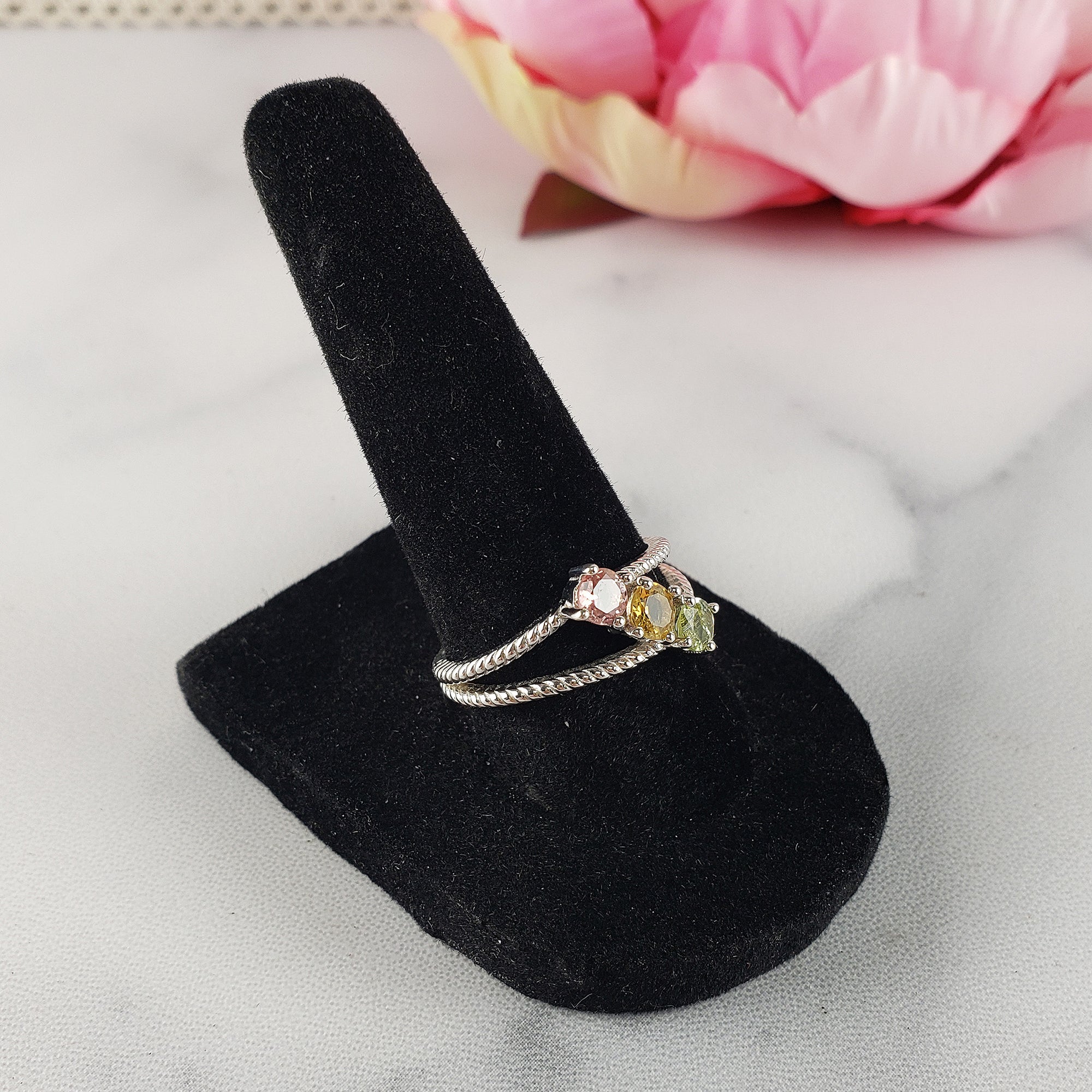 Pink Tourmaline, Yellow Tourmaline, &amp; Green Tourmaline Crystal Natural Gemstone 925 Sterling Silver Ring | Size 8 - C