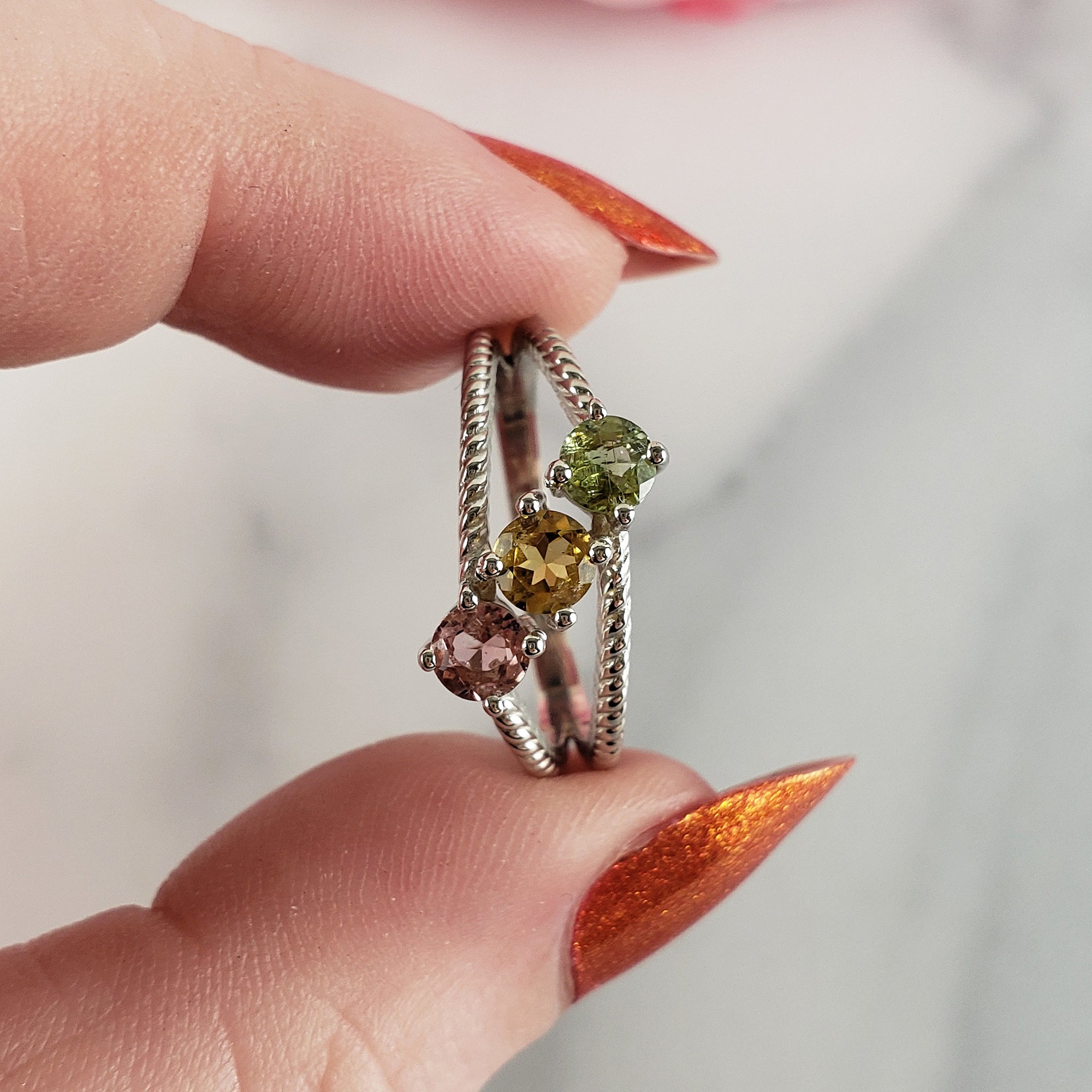 Pink Tourmaline, Yellow Tourmaline, &amp; Green Tourmaline Crystal Natural Gemstone 925 Sterling Silver Ring | Size 8 - D