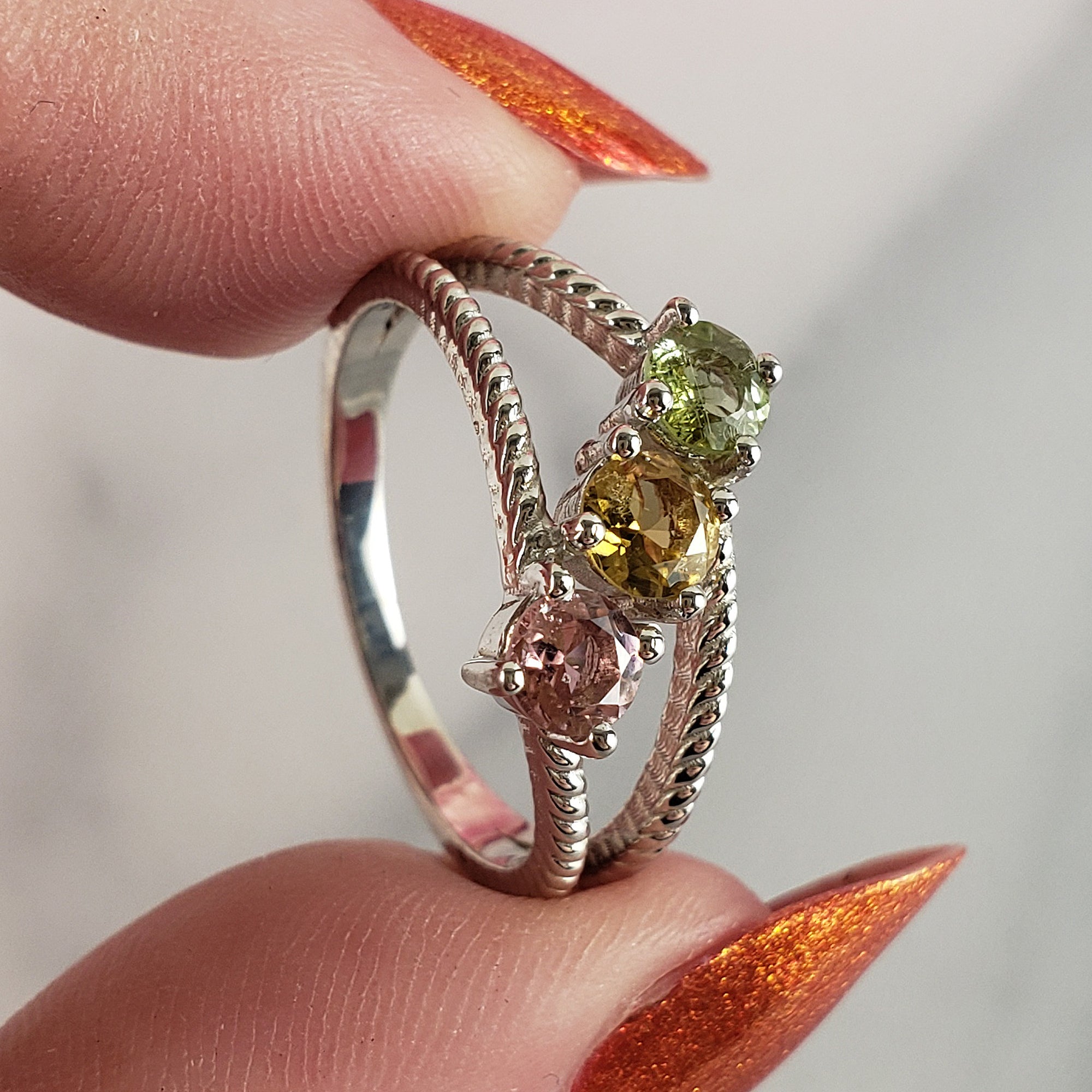 Pink Tourmaline, Yellow Tourmaline, & Green Tourmaline Crystal Natural Gemstone 925 Sterling Silver Ring | Size 8 - A