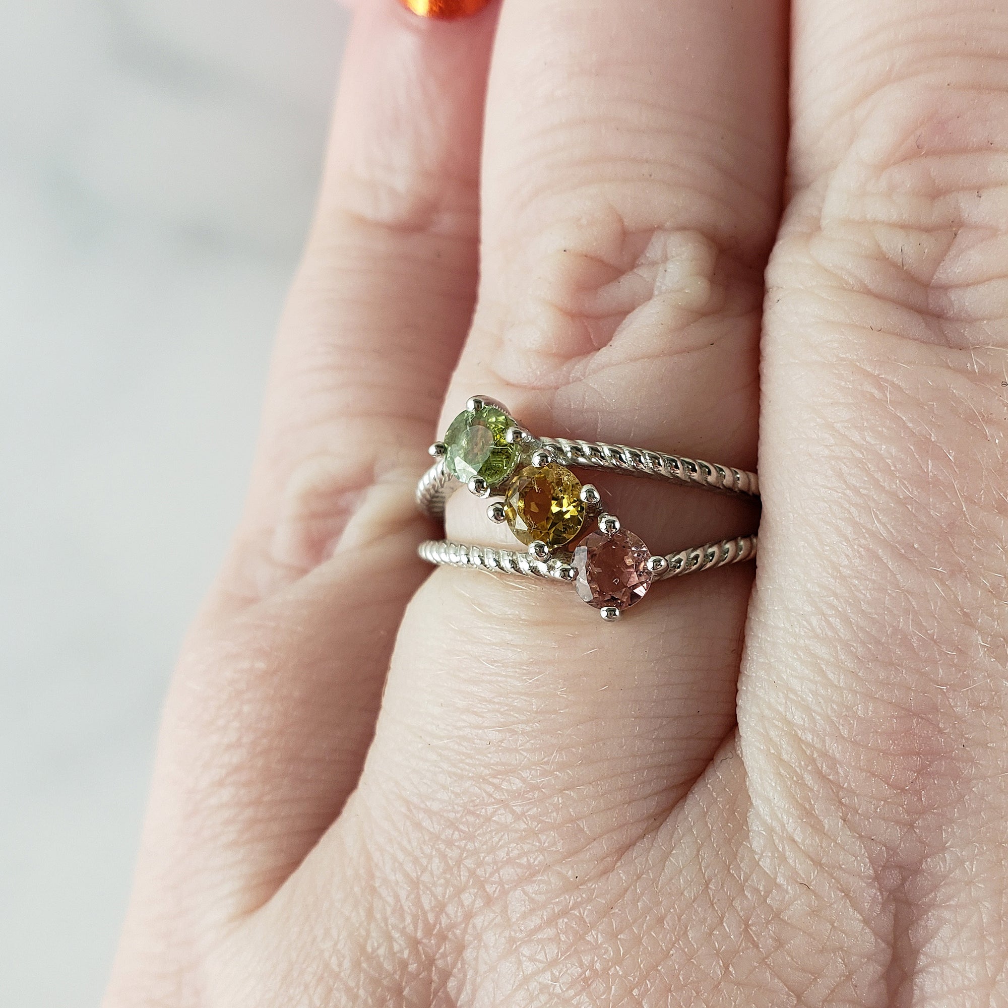 Pink Tourmaline, Yellow Tourmaline, & Green Tourmaline Crystal Natural Gemstone 925 Sterling Silver Ring | Size 8 - B