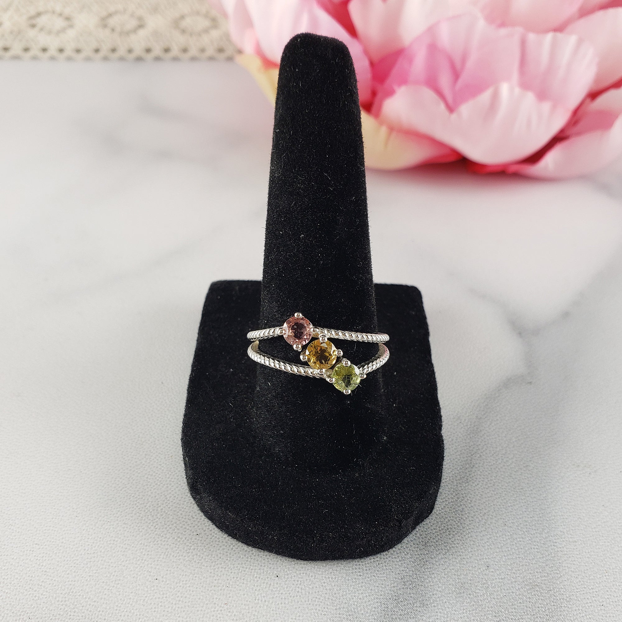 Pink Tourmaline, Yellow Tourmaline, & Green Tourmaline Crystal Natural Gemstone 925 Sterling Silver Ring | Size 8