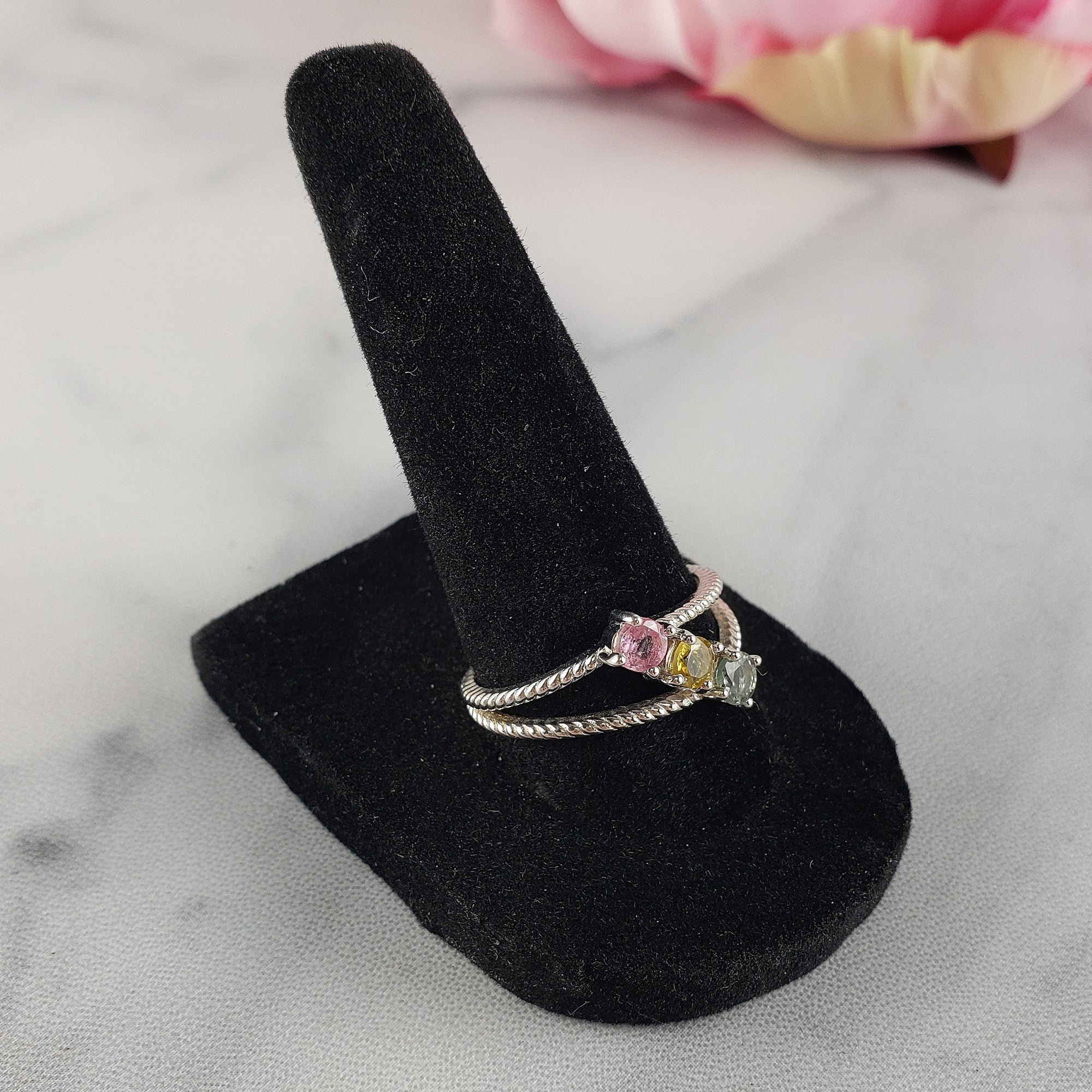 Pink Tourmaline, Yellow Tourmaline, &amp; Blue-Green Tourmaline Crystal Natural Gemstone 925 Sterling Silver Ring | Size 9 - 3