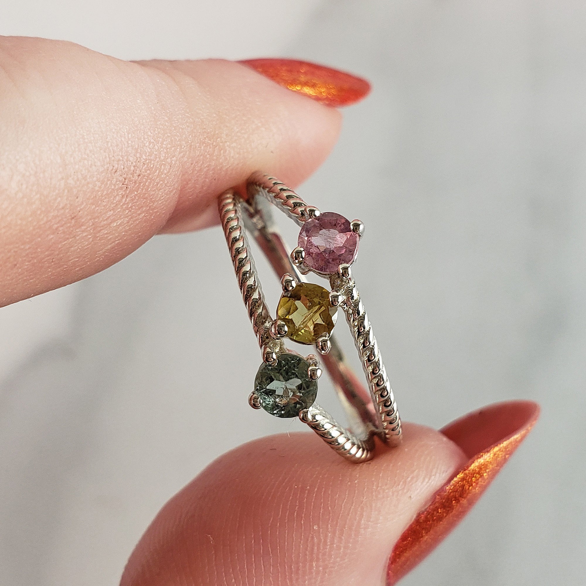 Pink Tourmaline, Yellow Tourmaline, &amp; Blue-Green Tourmaline Crystal Natural Gemstone 925 Sterling Silver Ring | Size 9 - 4