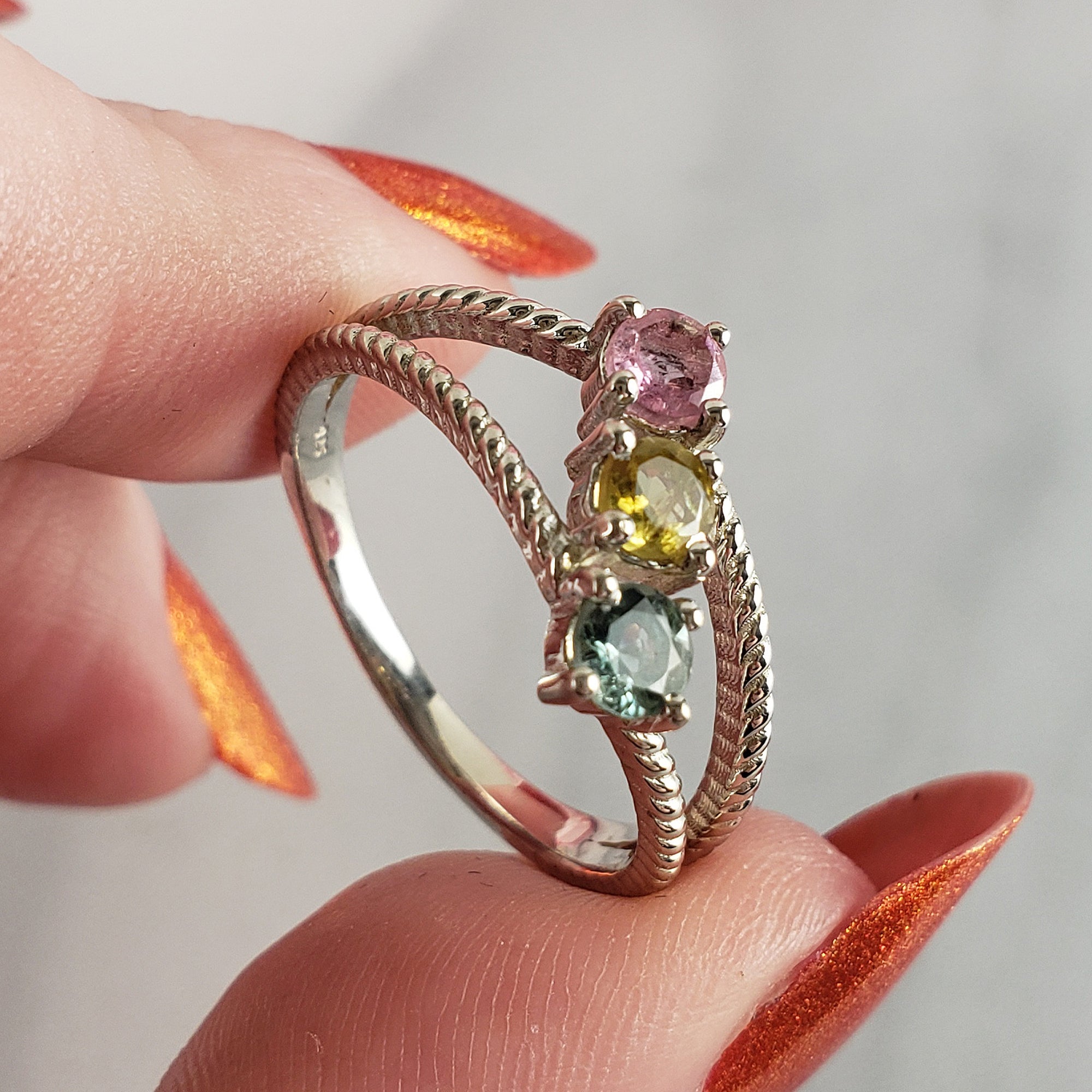 Pink Tourmaline, Yellow Tourmaline, & Blue-Green Tourmaline Crystal Natural Gemstone 925 Sterling Silver Ring | Size 9 - 1