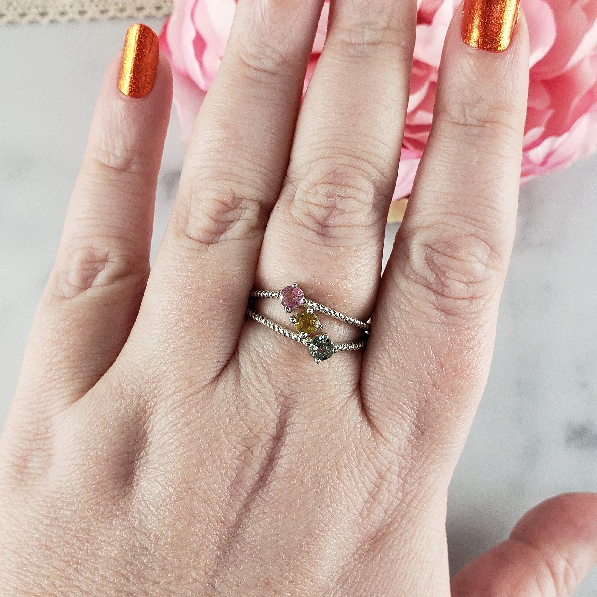 Pink Tourmaline, Yellow Tourmaline, & Blue-Green Tourmaline Crystal Natural Gemstone 925 Sterling Silver Ring | Size 9 - 2