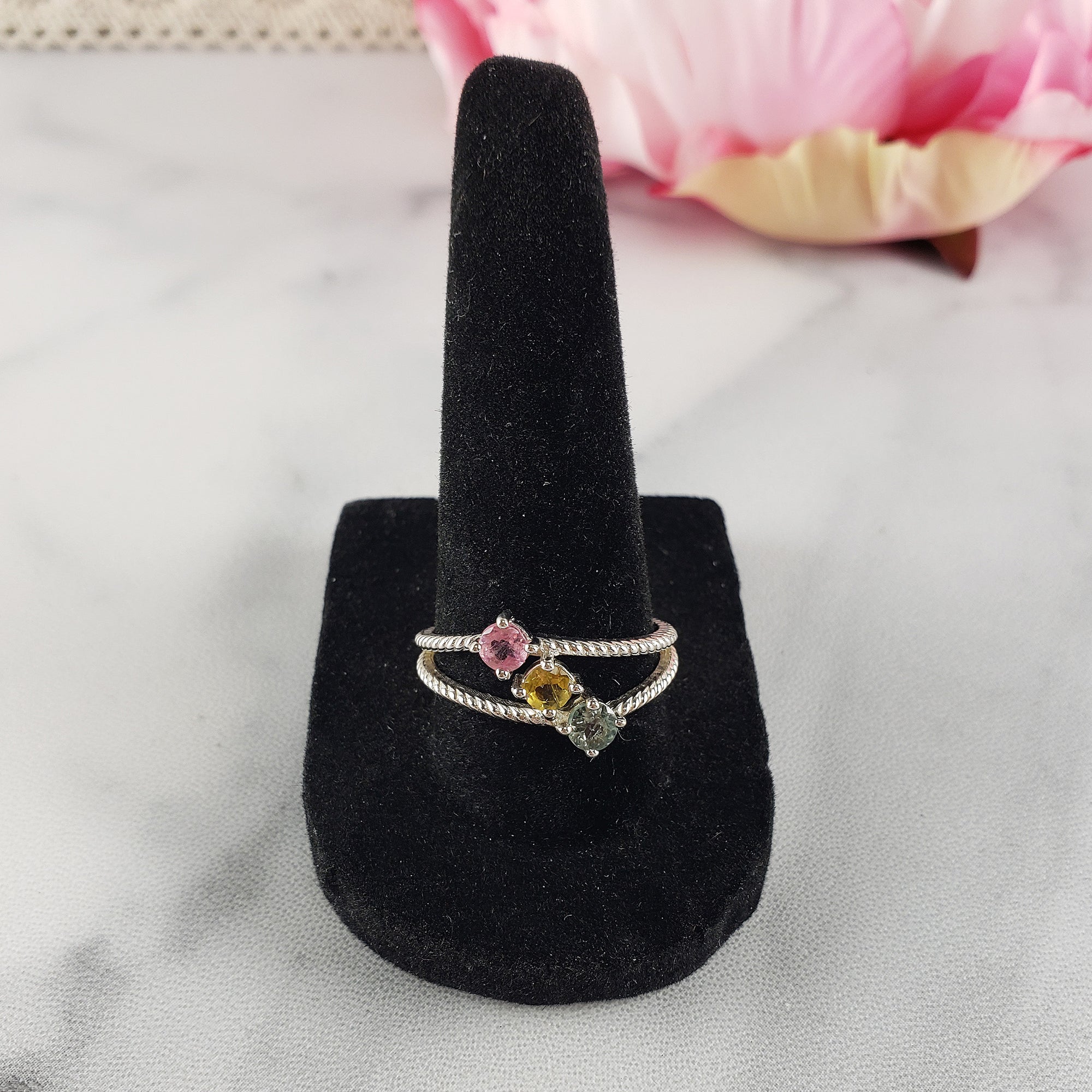 Pink Tourmaline, Yellow Tourmaline, & Blue-Green Tourmaline Crystal Natural Gemstone 925 Sterling Silver Ring | Size 9