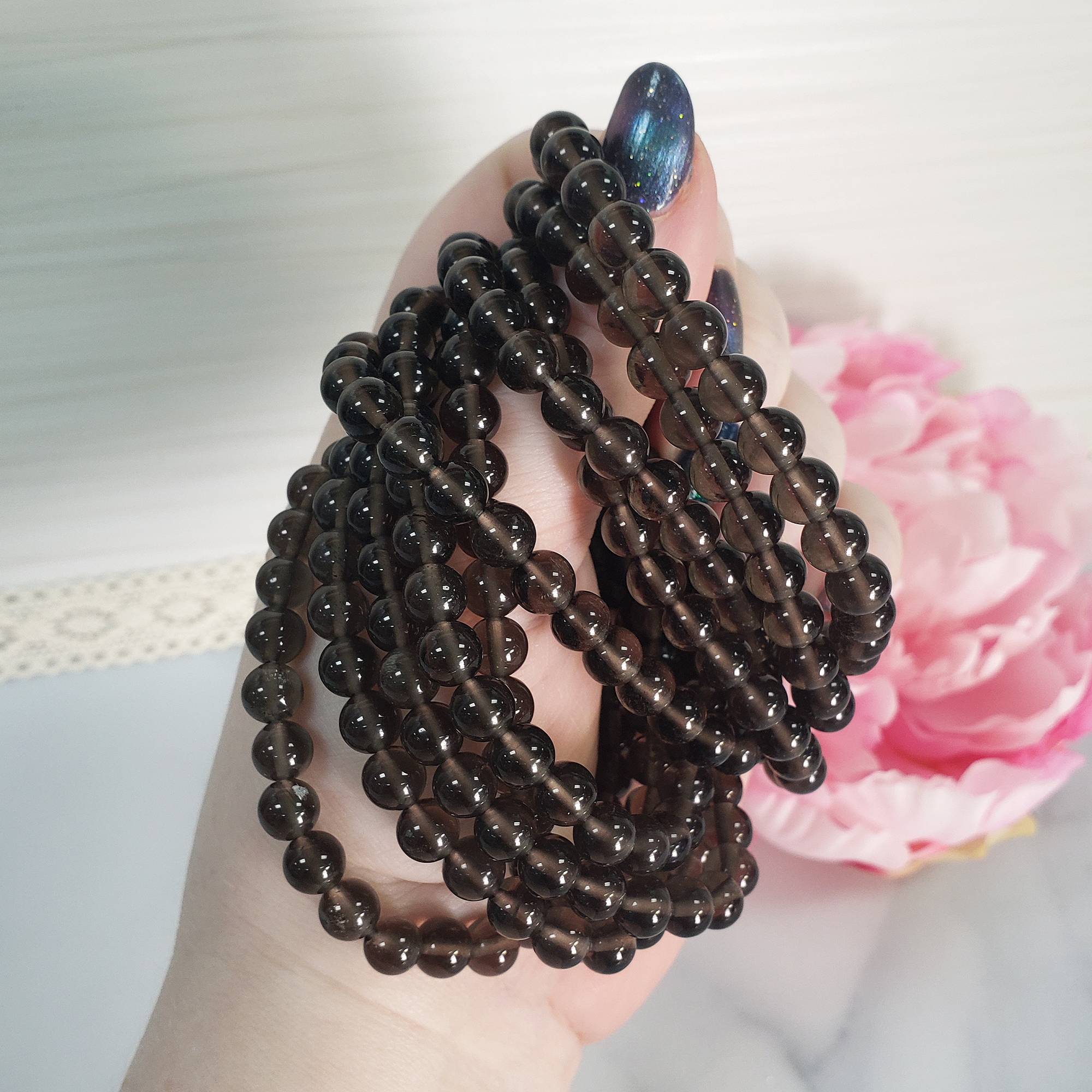 Smoky Obsidian Crystal Manmade Gemstone 6-8mm Beaded Bracelet - 1