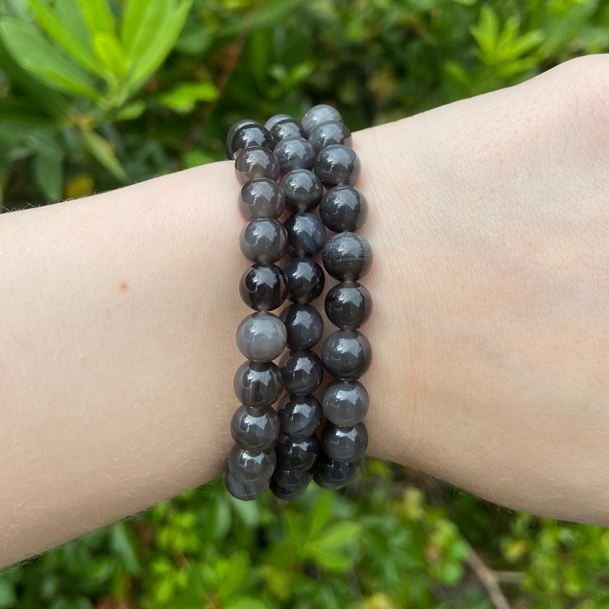 Smoky Obsidian Crystal Manmade Gemstone 6-8mm Beaded Bracelet - 5