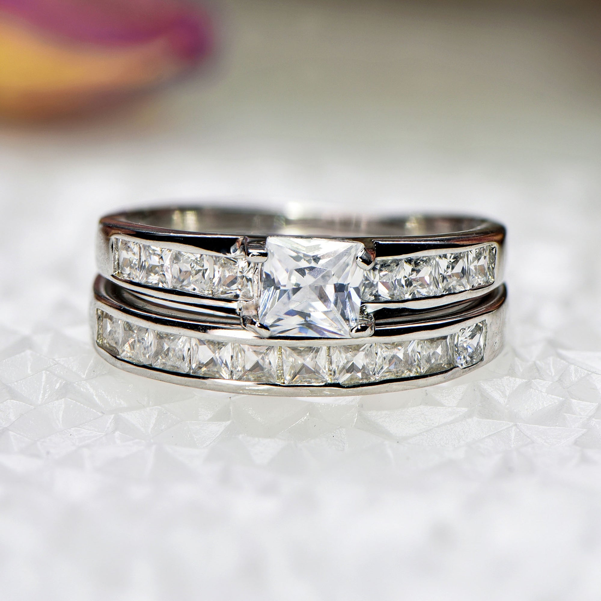 Sterling Silver CZ Engagement Ring & Wedding Band Set - Size 6