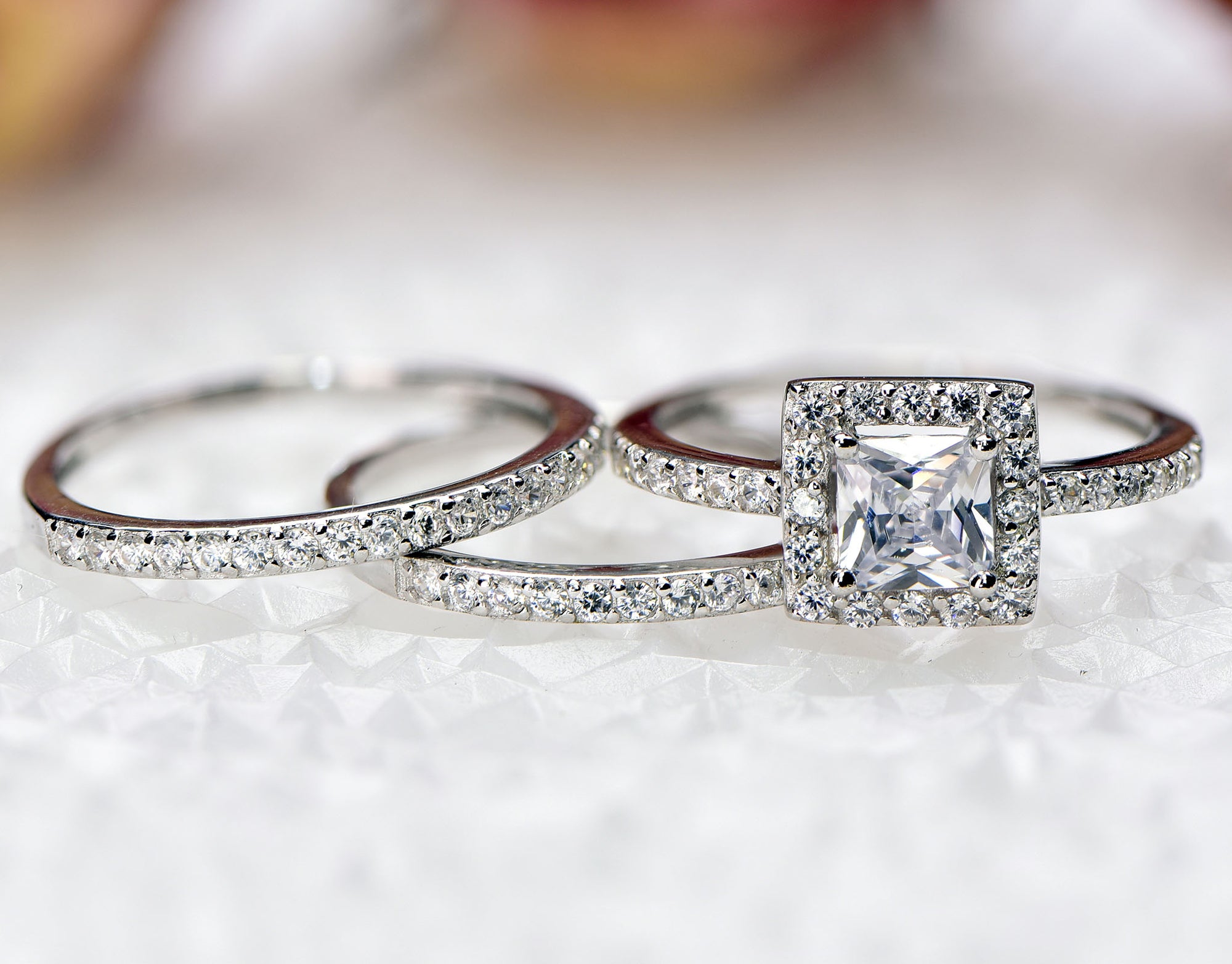 Sterling Silver .925 Cubic Zirconia 3-Stone Engagement Ring & Wedding Band Set - Sizes 5-10