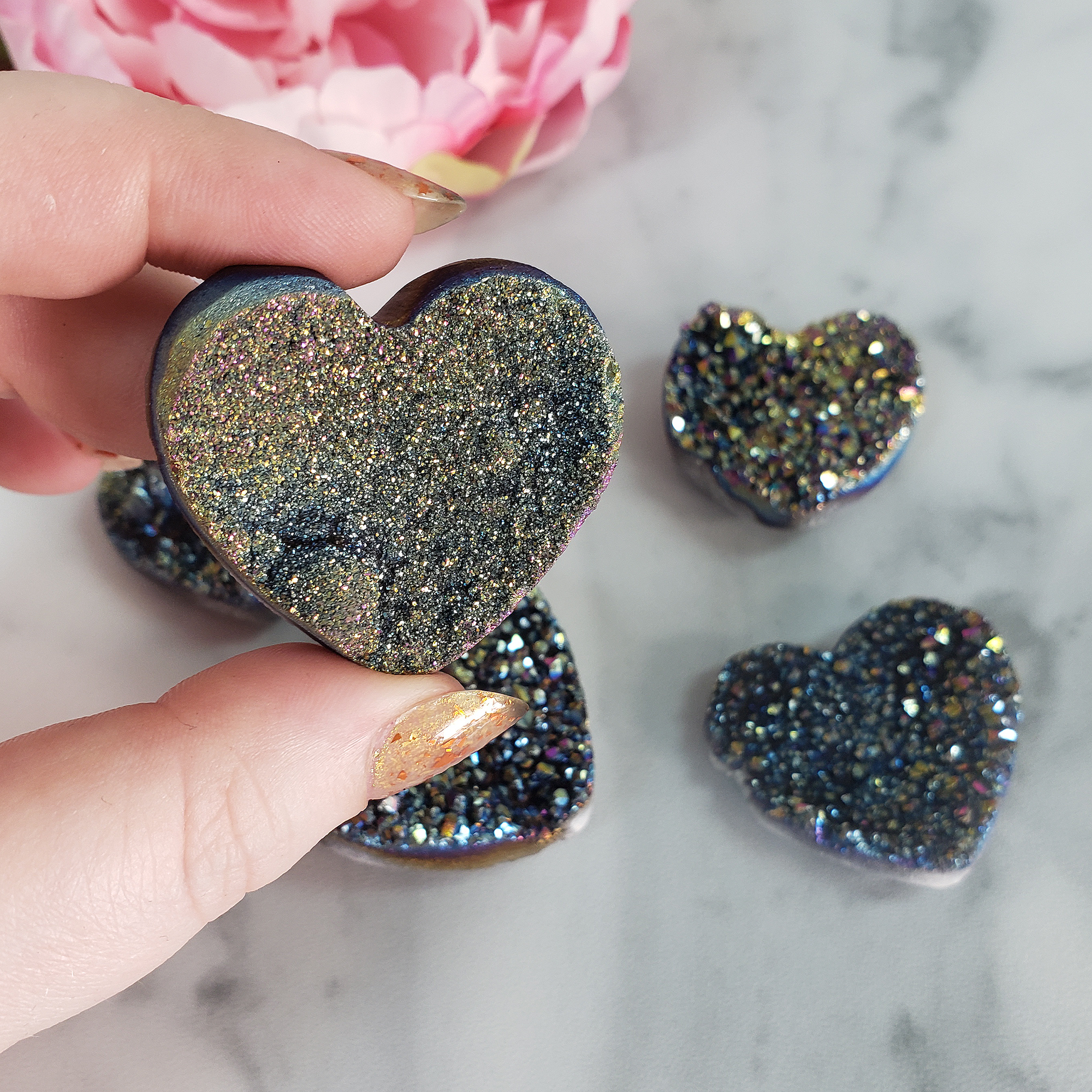 Titanium Rainbow Aura Quartz Crystal Druzy Heart Shaped Carving - 4