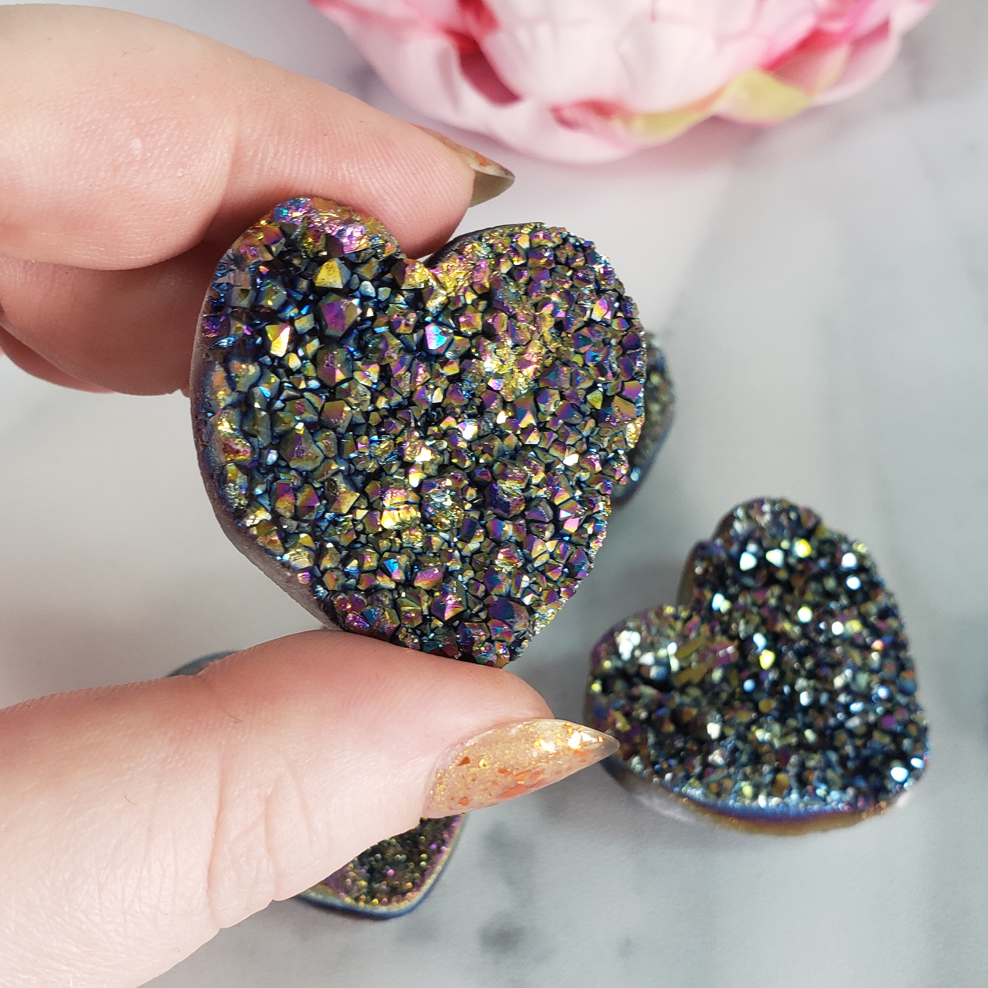 Titanium Rainbow Aura Quartz Crystal Druzy Heart Shaped Carving - 1