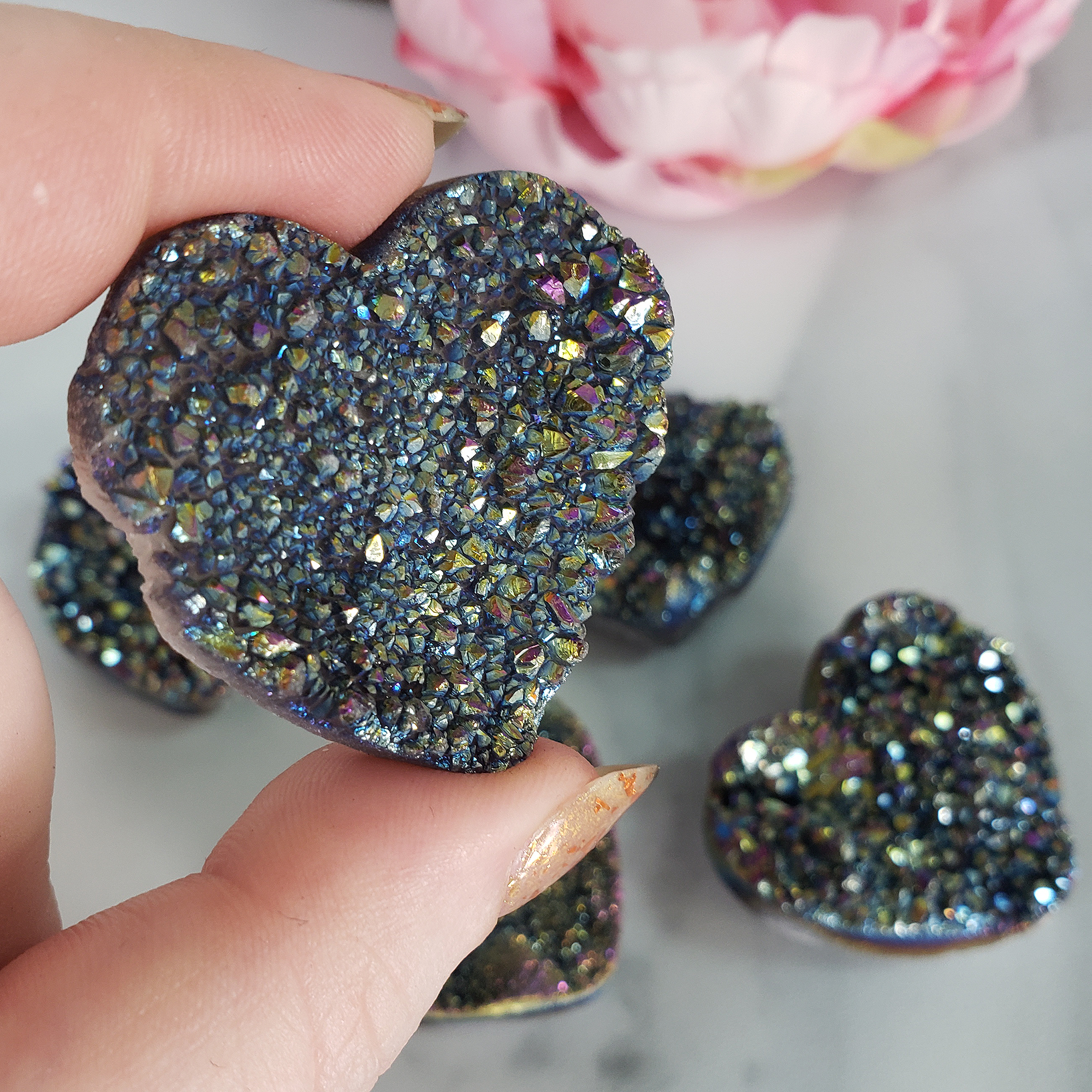 Titanium Rainbow Aura Quartz Crystal Druzy Heart Shaped Carving - 2