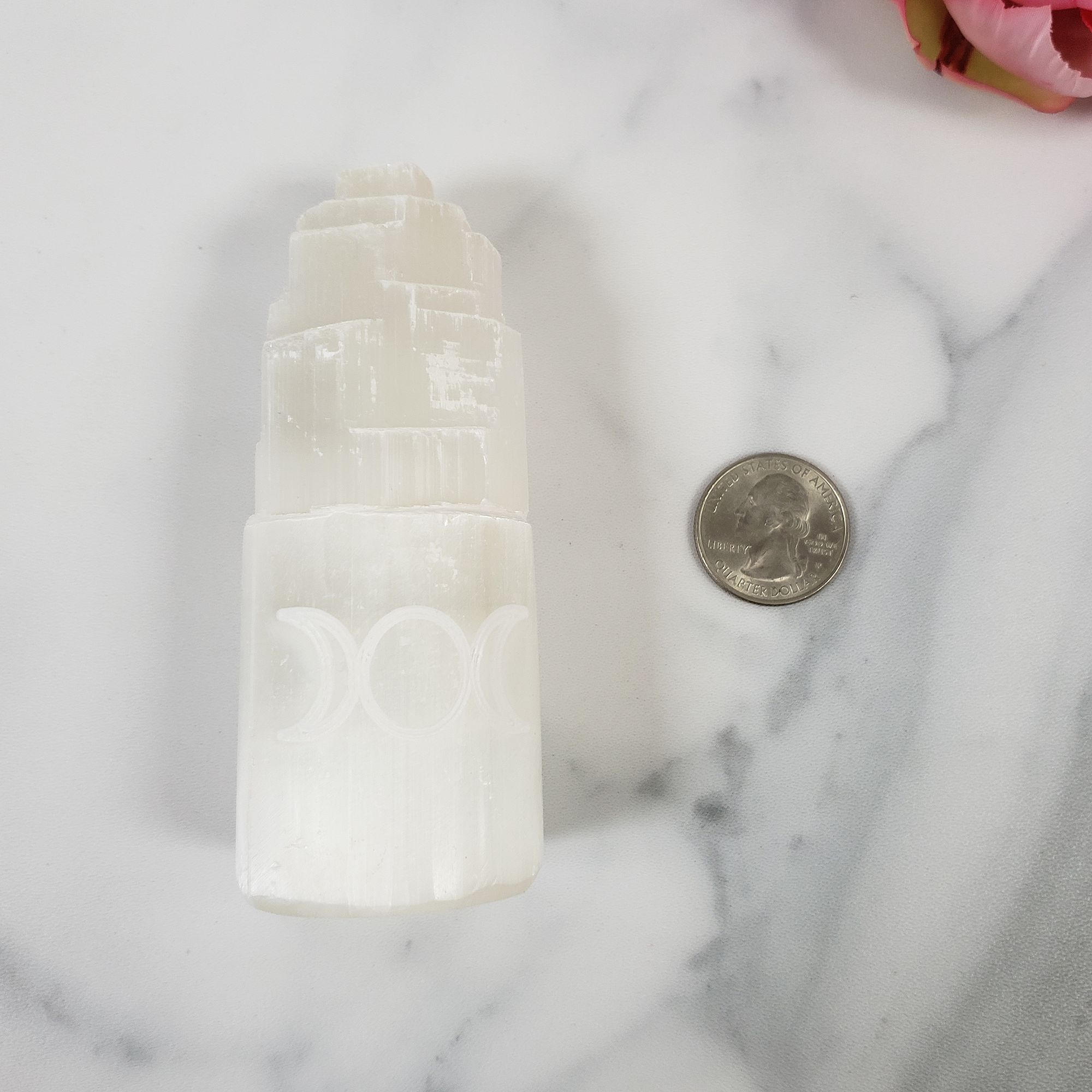 White Selenite Crystal Tower - Natural Gemstone Engraved with Triple Moon - Size