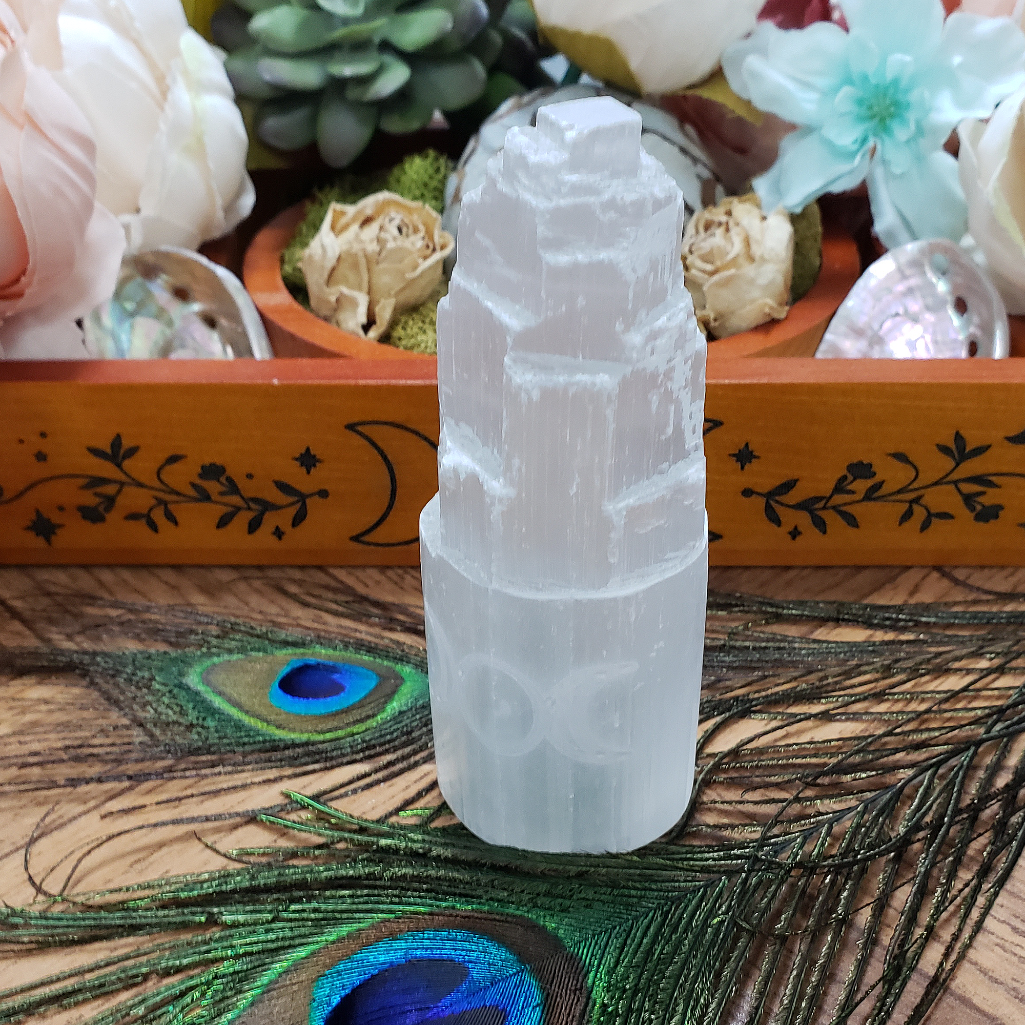 White Selenite Crystal Tower - Natural Gemstone Engraved with Triple Moon - On Peacock Feather