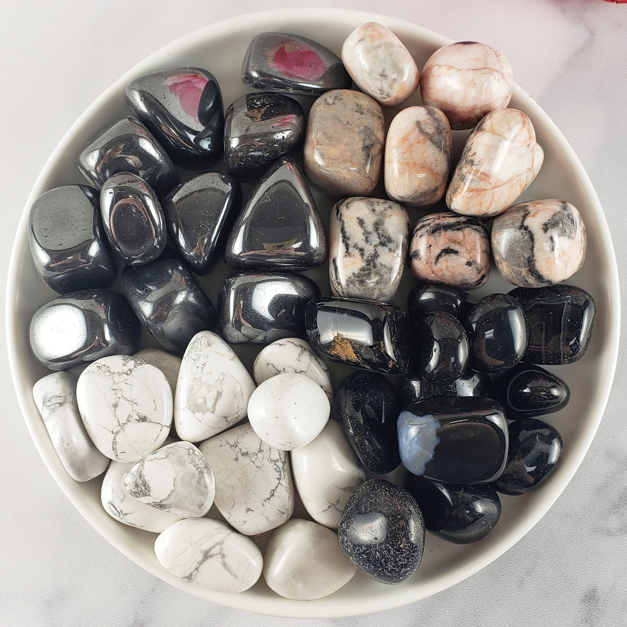 Tumbled Stones Natural Crystal Set for Focus &amp; Clearing Negativity | Hematite, Orthoclase Feldspar, Howlite, Black Onyx -  Relaxation
