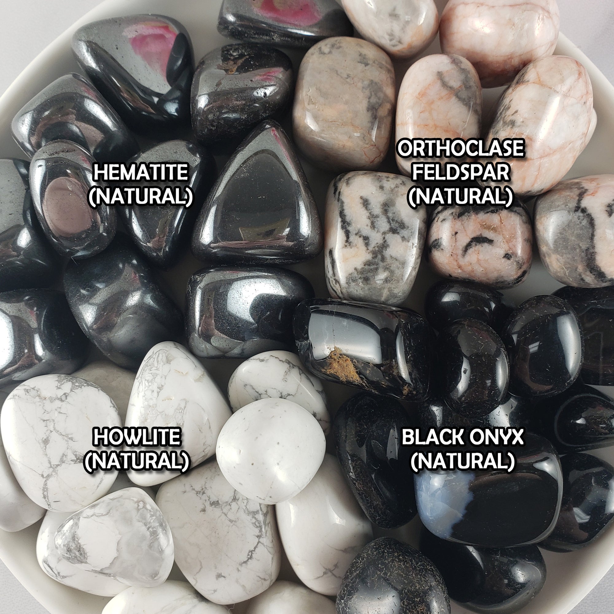Tumbled Stones Natural Crystal Set for Focus & Clearing Negativity | Hematite, Orthoclase Feldspar, Howlite, Black Onyx - Concentration