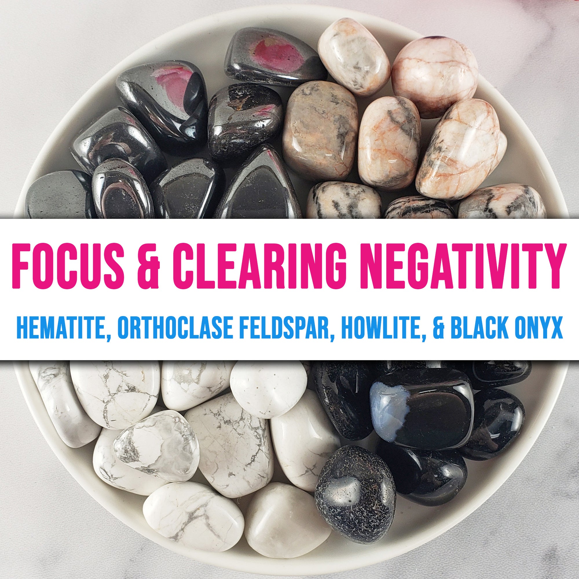 Tumbled Stones Natural Crystal Set for Focus & Clearing Negativity | Hematite, Orthoclase Feldspar, Howlite, Black Onyx