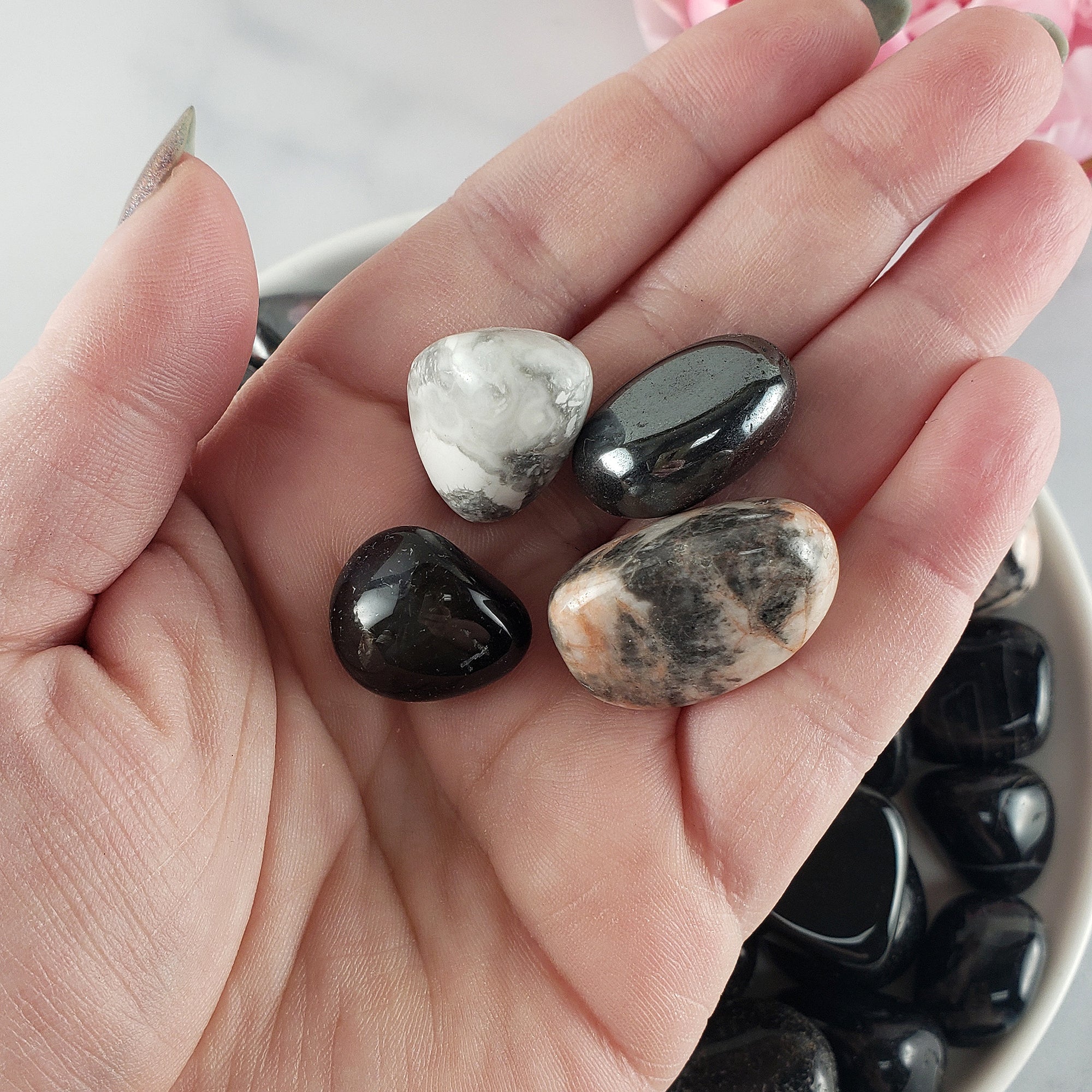Tumbled Stones Natural Crystal Set for Focus & Clearing Negativity | Hematite, Orthoclase Feldspar, Howlite, Black Onyx - Shielding Against Negativity