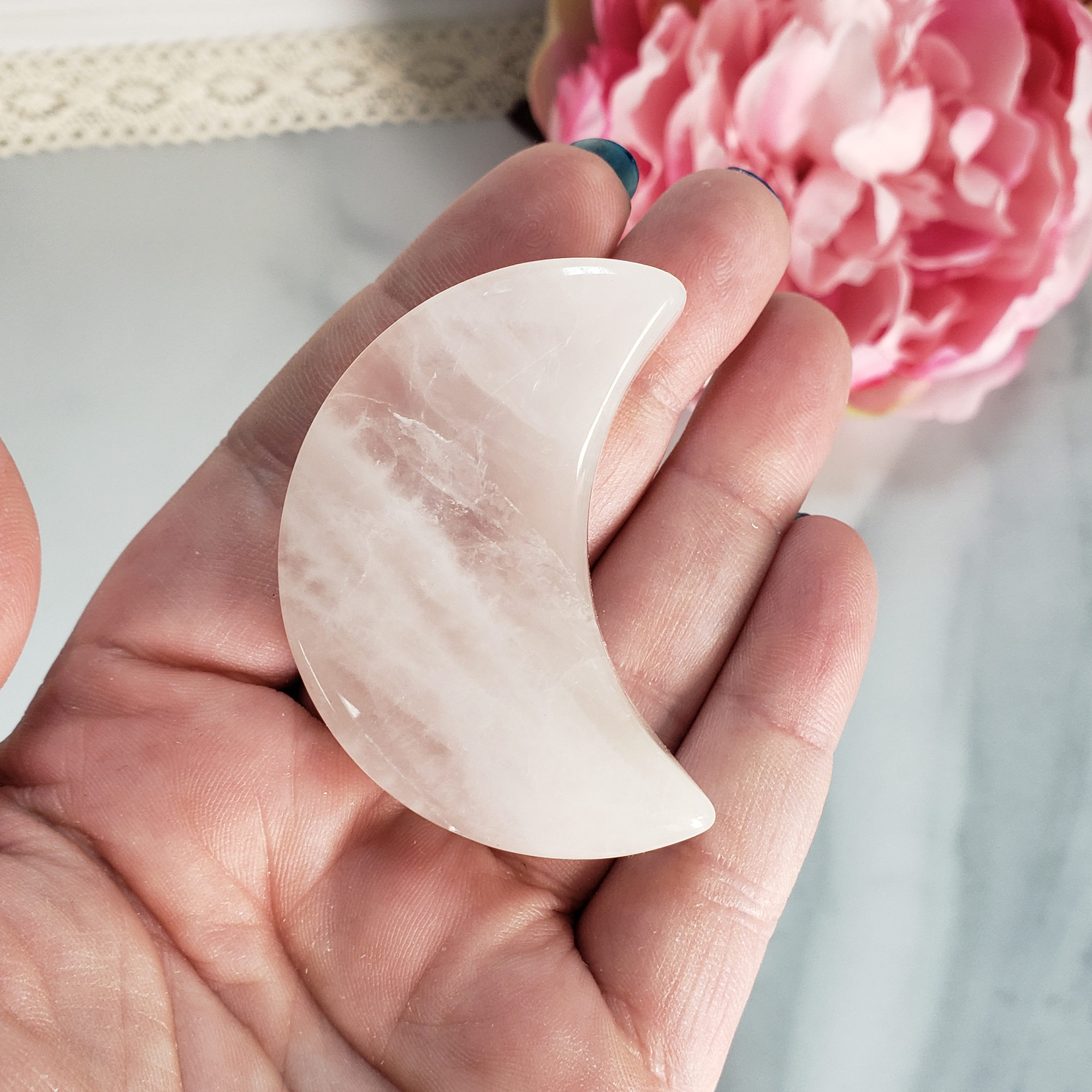 Unique Rose Quartz Crystal Crescent Moon Carving - Selena - Crystal Moon Carving