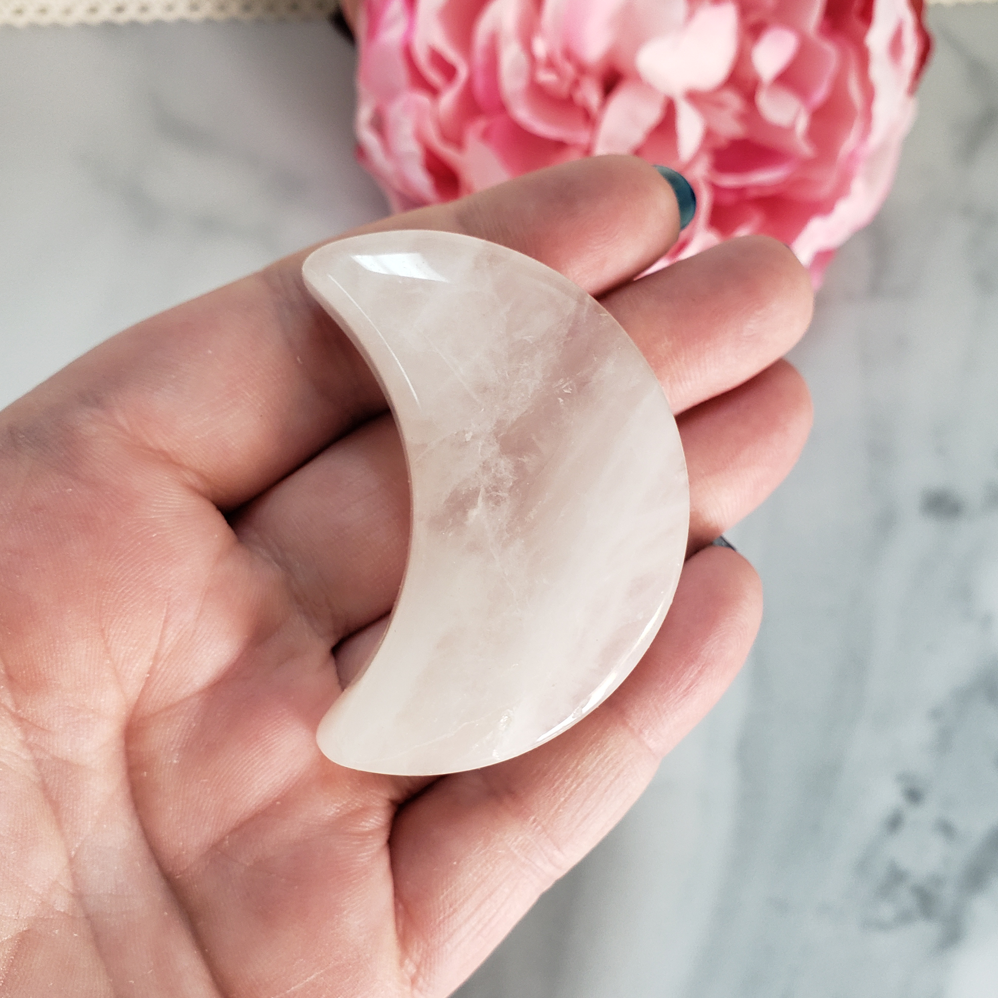 Unique Rose Quartz Crystal Crescent Moon Carving - Selena