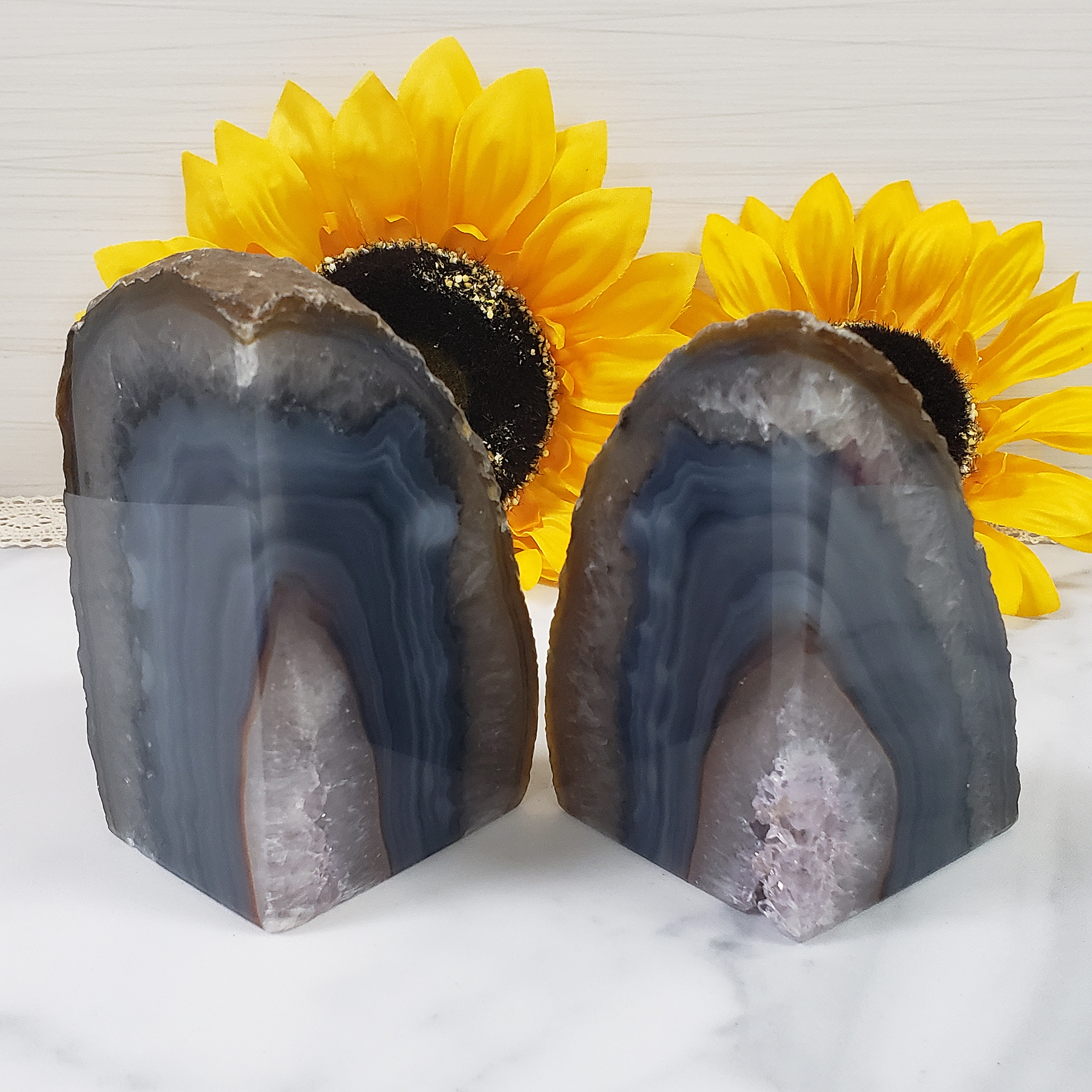 Unique Pair of Natural Agate Gemstone Crystal Bookends for Home Decor - Whisper - Side by Side