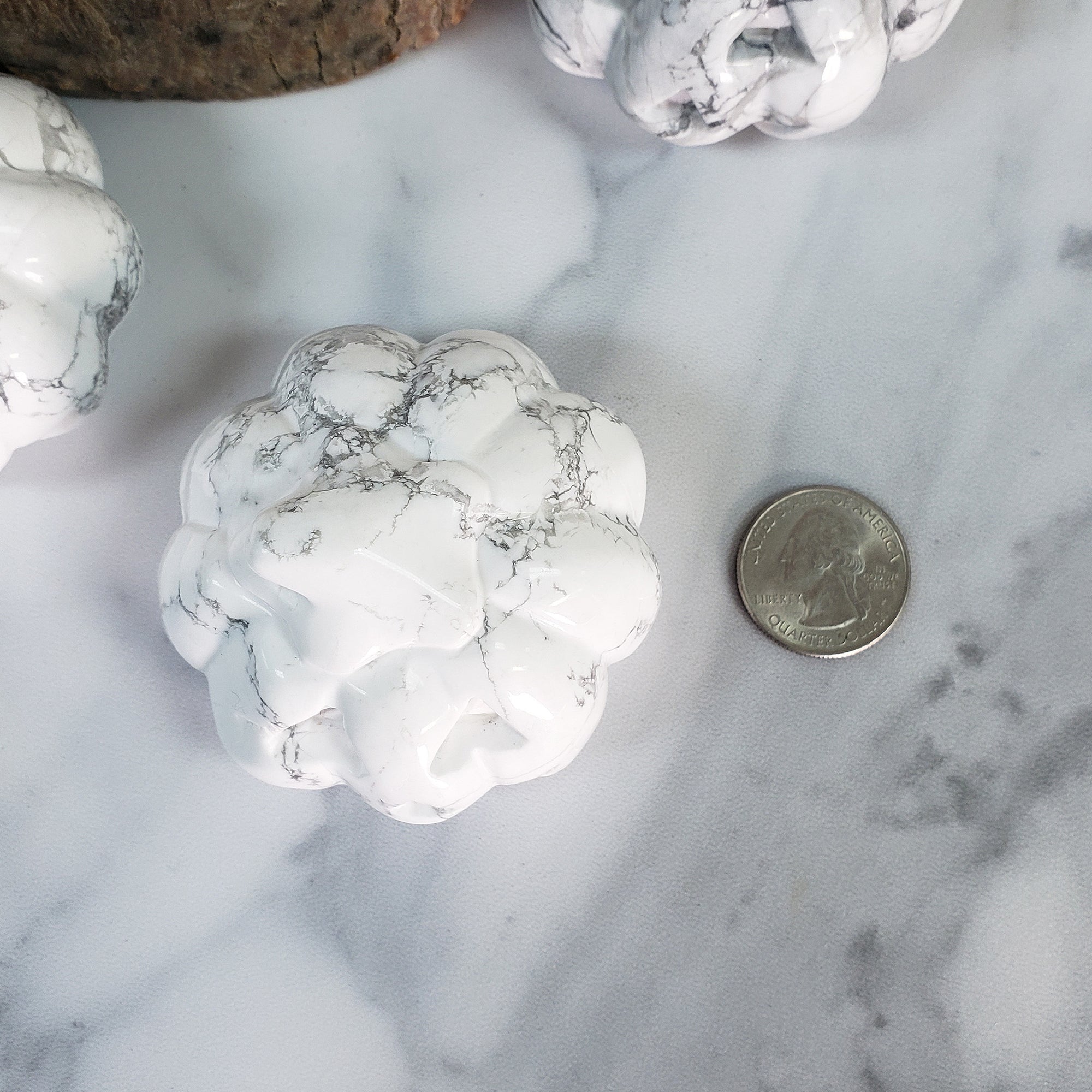 Howlite Crystal Carving Natural Gemstone Jack-O-Lantern | Peaceful Pumpkin - Fall Decor