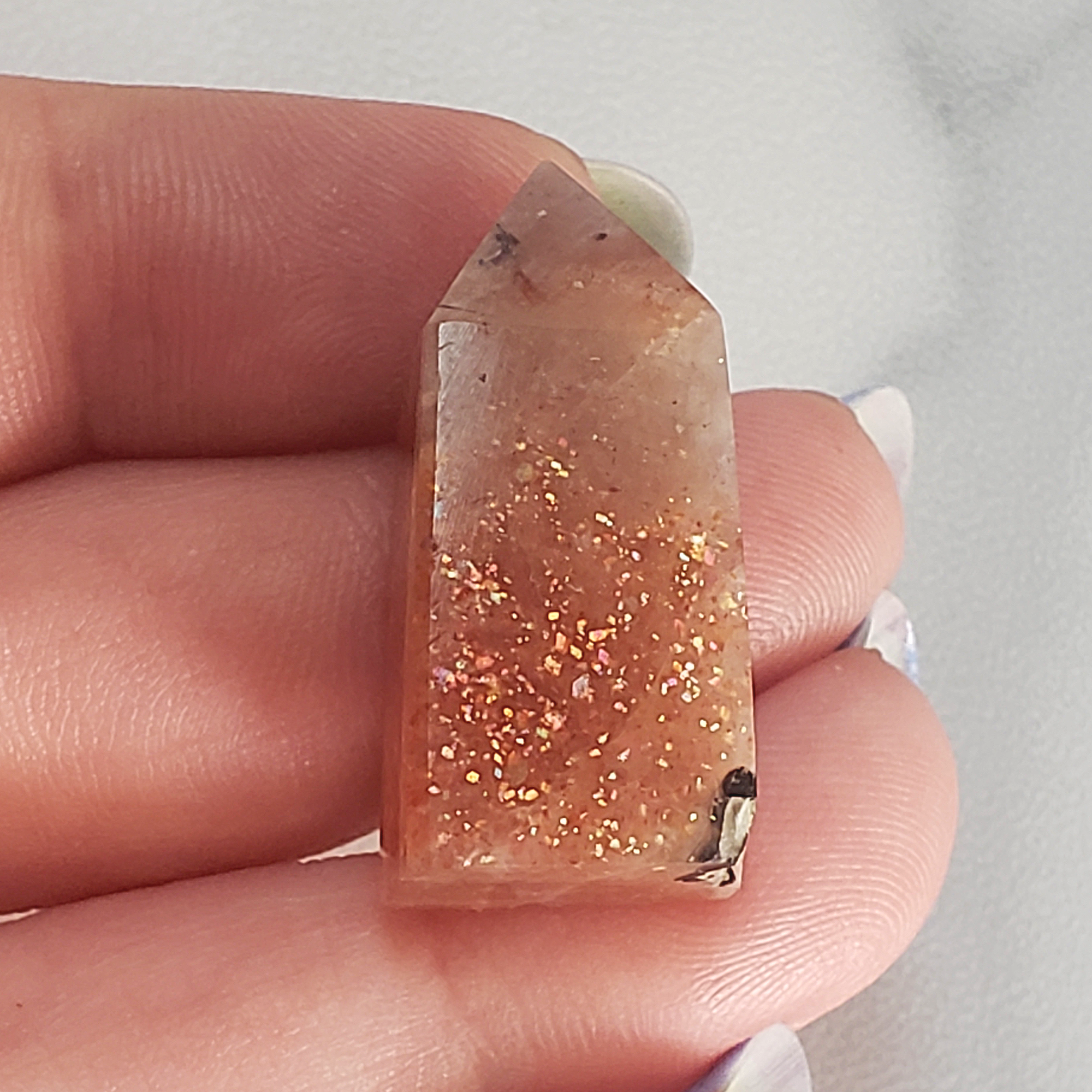 Unique MINI Confetti Sunstone Natural Crystal Tower Point - Xihe - Black Tourmaline Inclusion with Texture at the Corner
