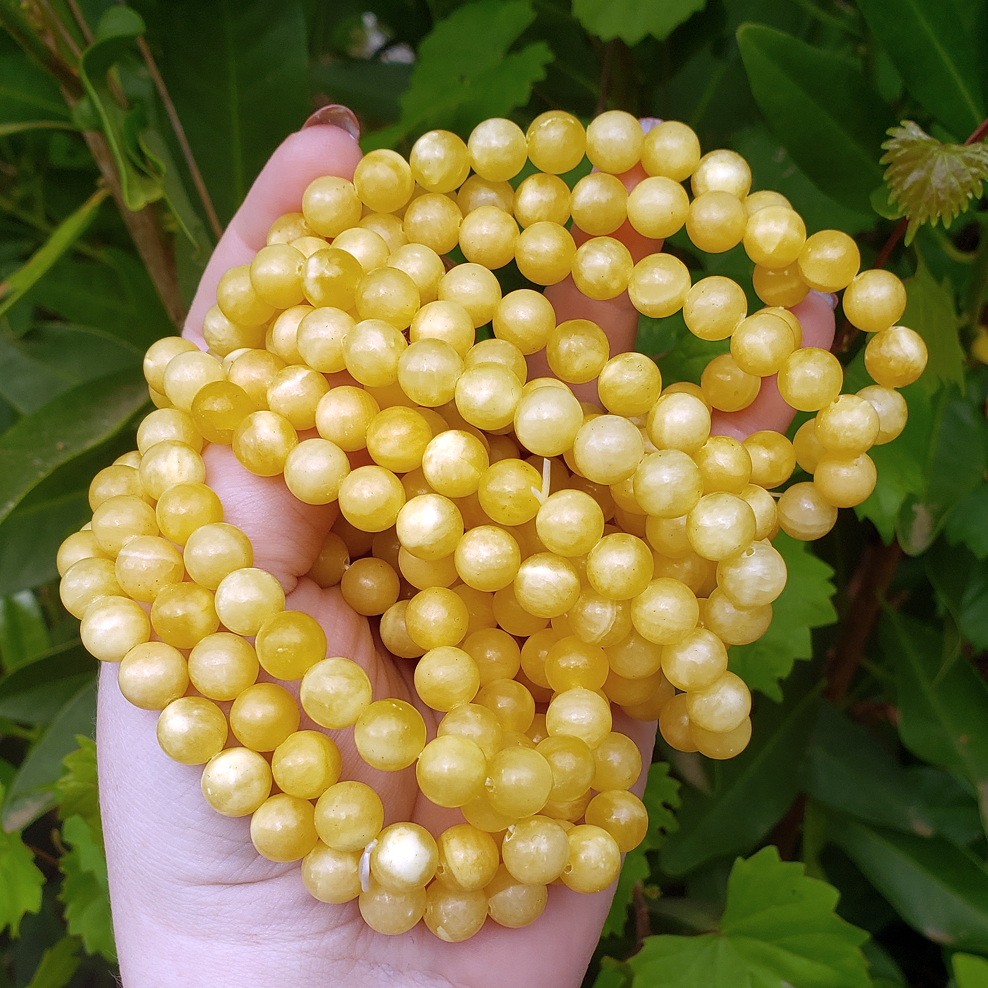 Yellow Calcite Natural Gemstone 7-8mm Bead Bracelet - Group of Bracelets in Hand