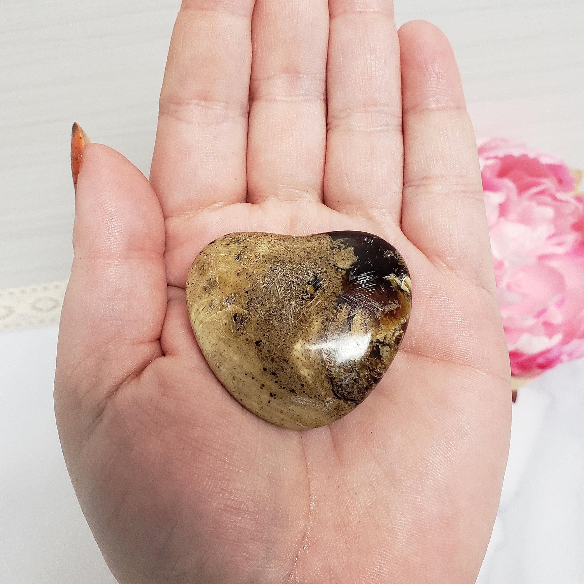 Unique Zebra Amber Natural Organic Gemstone Fossilized Tree Sap Heart Palm Stone - 4