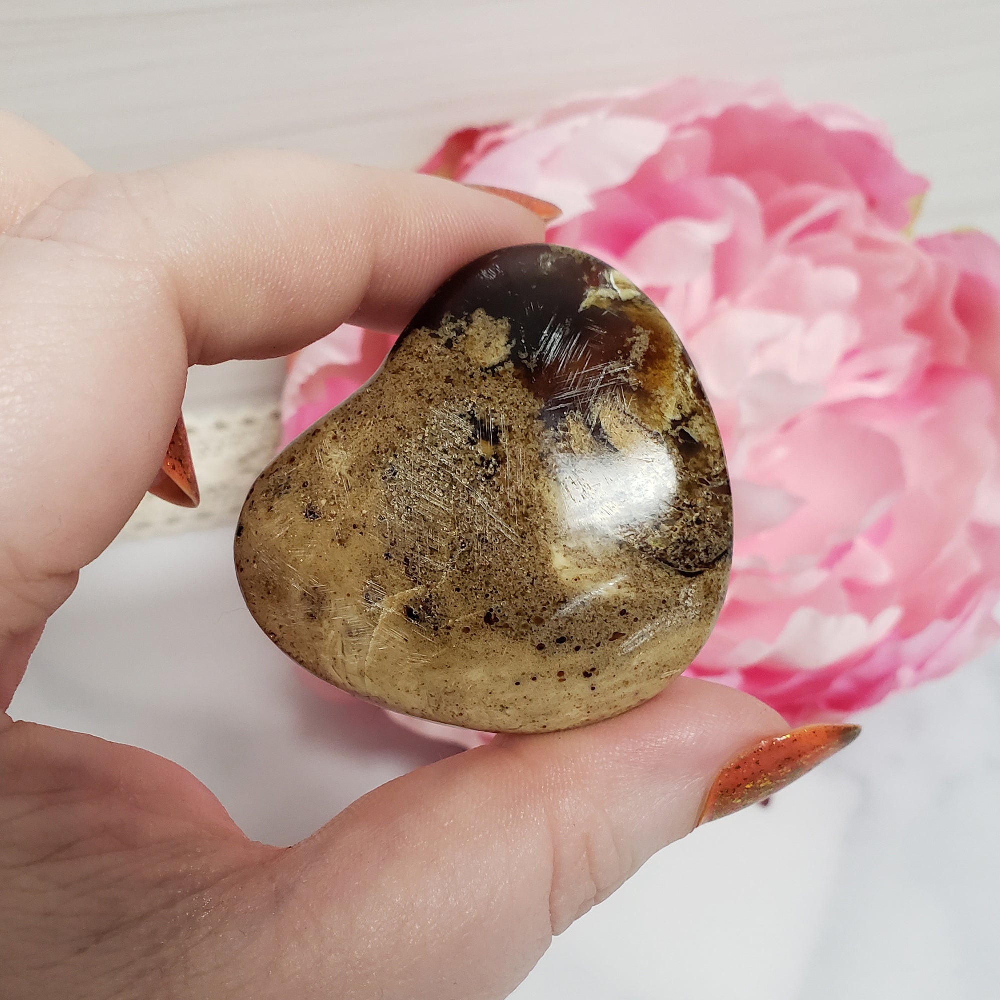 Unique Zebra Amber Natural Organic Gemstone Fossilized Tree Sap Heart Palm Stone - 5