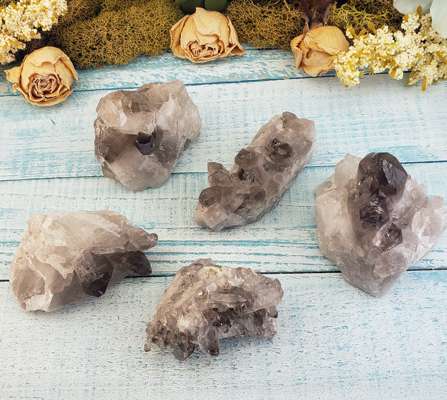 Smoky Quartz Natural Crystal Cluster - Medium One Stone - Group on Board