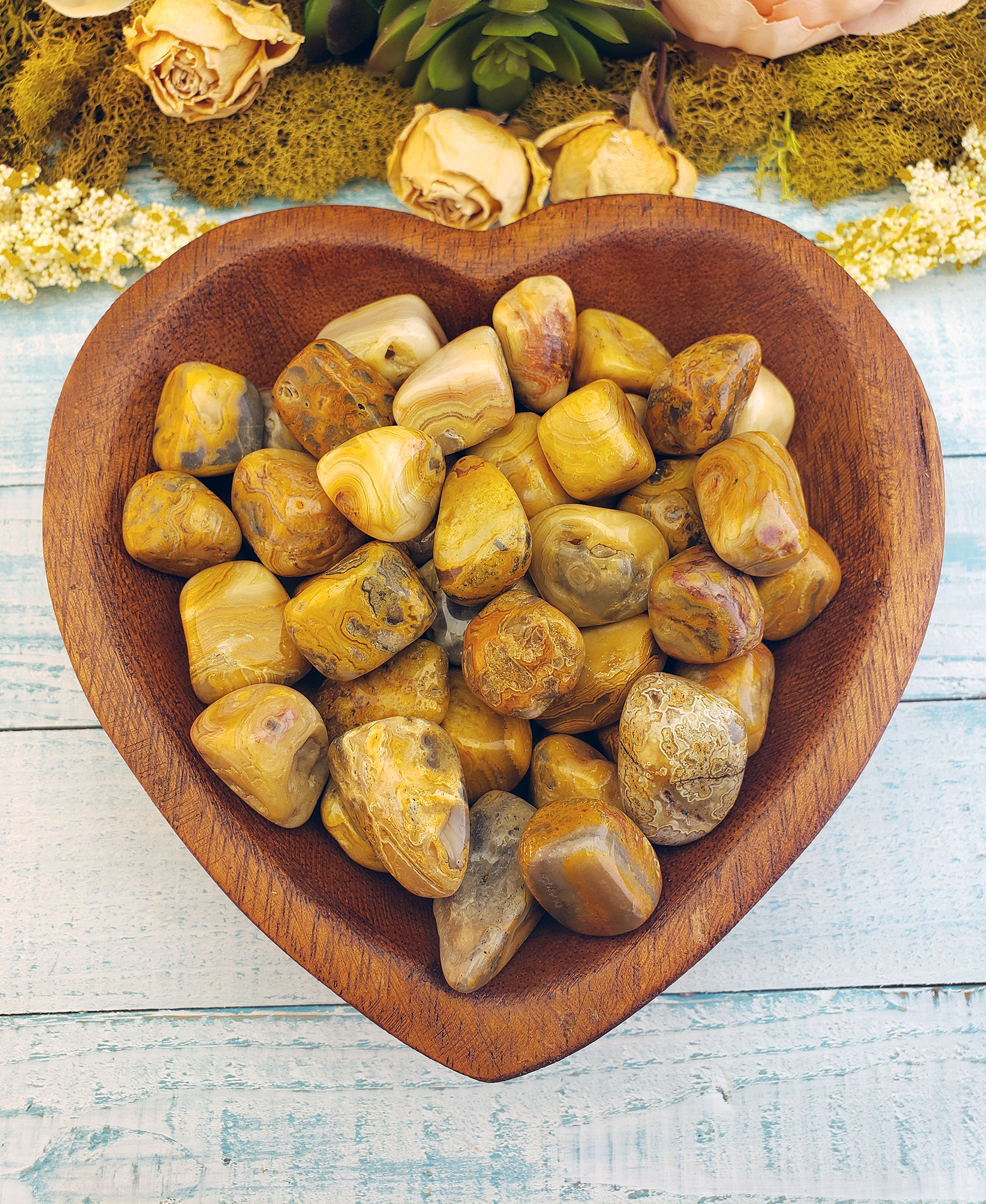 Golden Crazy Lace Agate Tumbled - One Stone or Bulk Wholesale Lots - Group in Heart Bowl