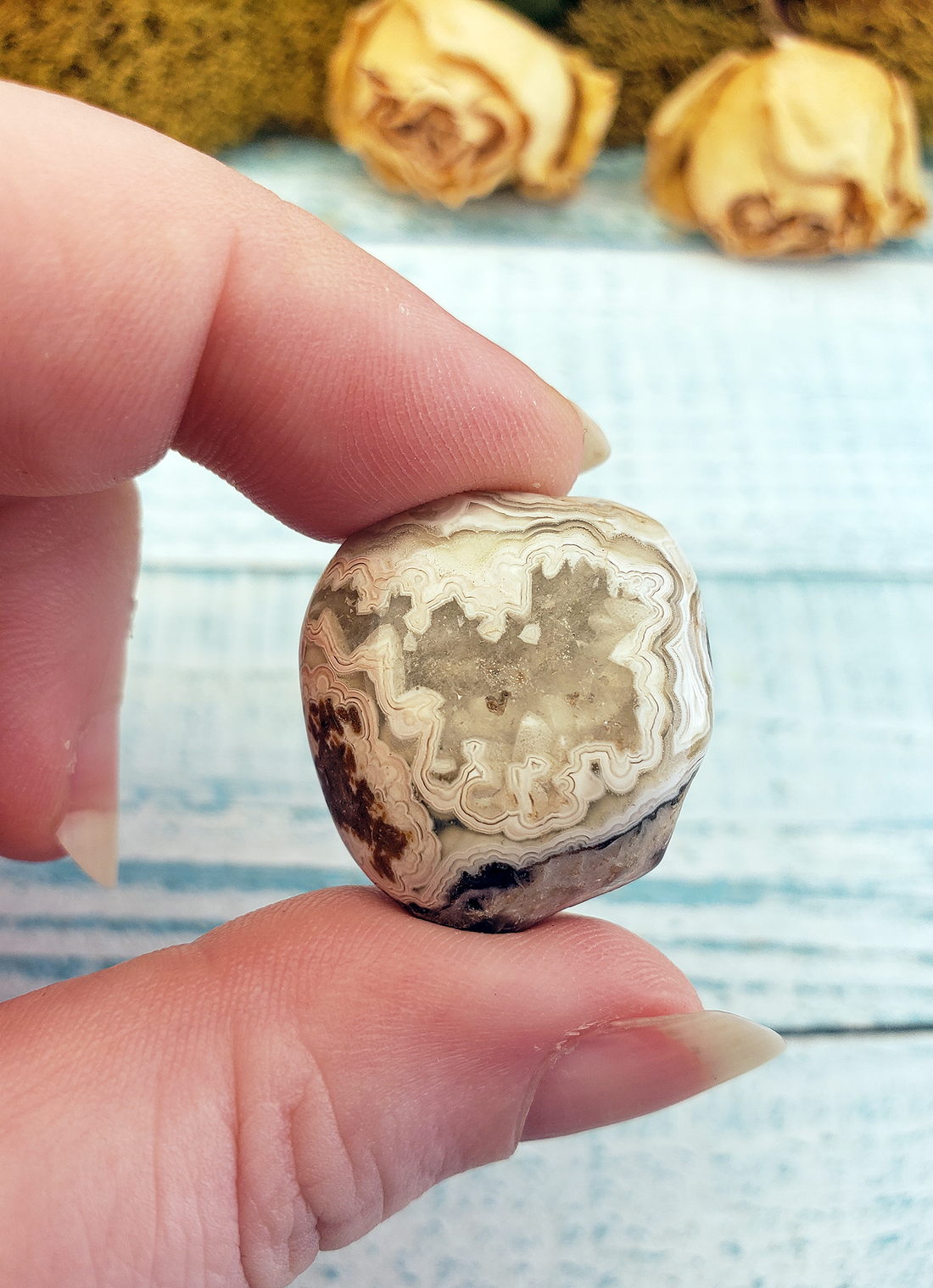 Grey Crazy Lace Agate Tumbled Stone - One Stone or Bulk Wholesale - One Stone Close Up