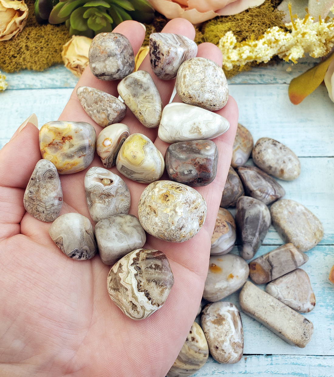 Grey Crazy Lace Agate Tumbled Stone - One Stone or Bulk Wholesale - Group in Hand