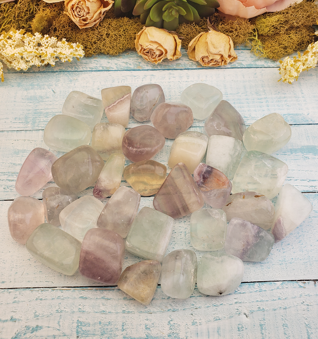 Ghost Pale Fluorite Tumbled Gemstone - Group on Board