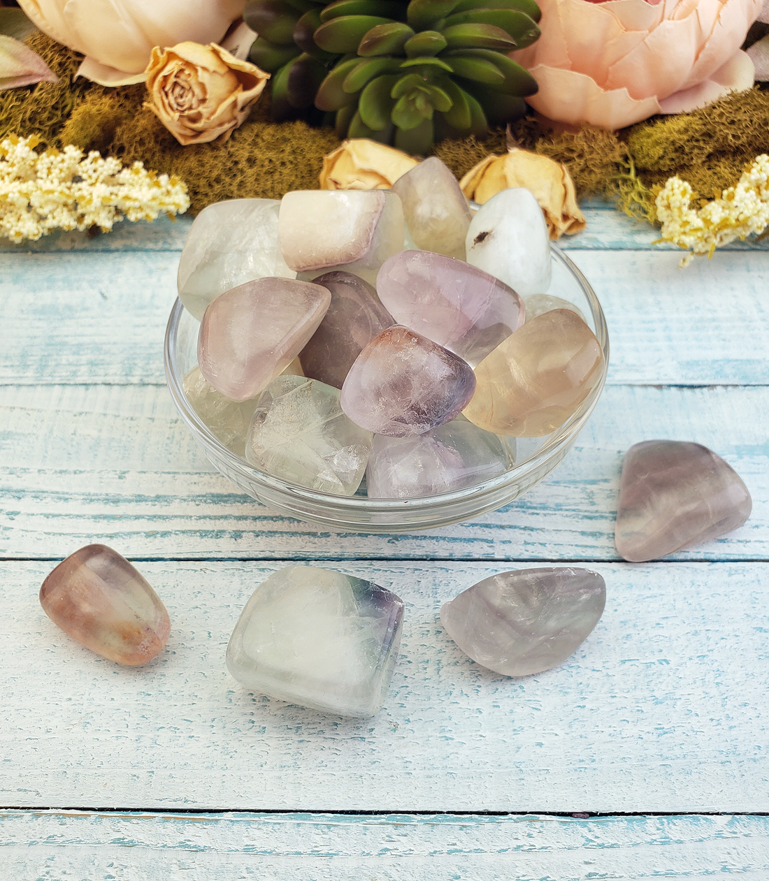Ghost Pale Fluorite Tumbled Gemstone - Group in Bowl