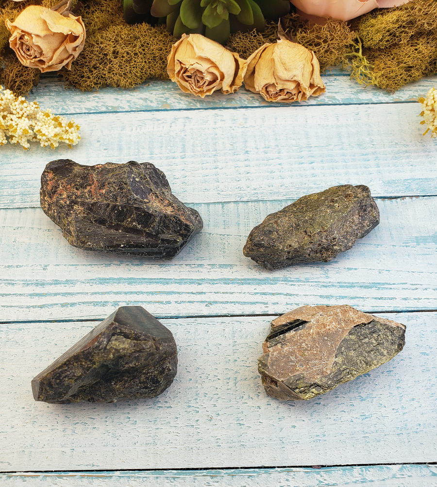 Epidote Pistacite Gemstone Natural Cluster - Group Photo