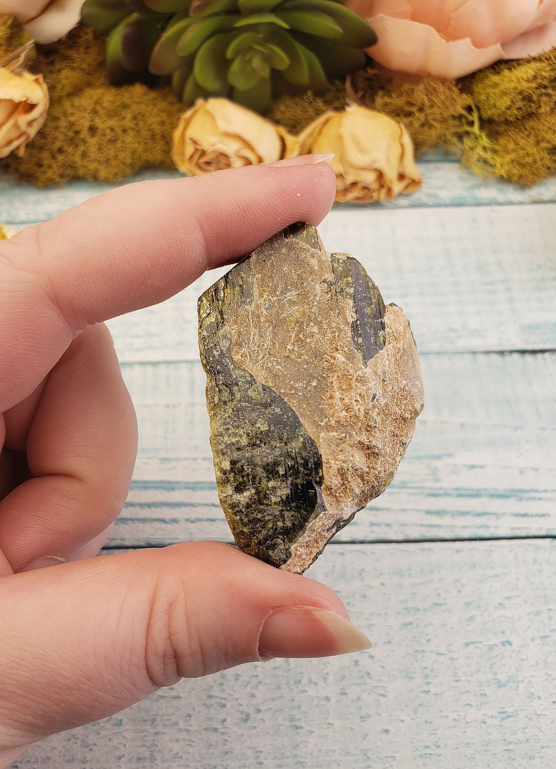 Epidote Pistacite Gemstone Natural Cluster - Large One Stone in Hand