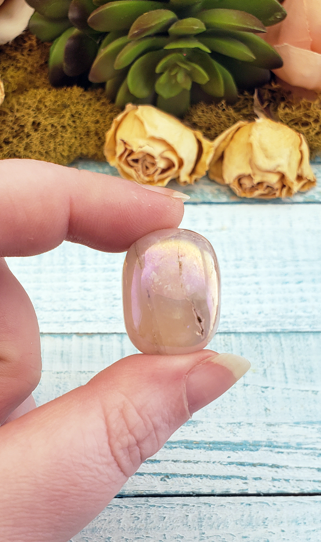 Fantasy Aura Rose Quartz Tumbled Gemstone - One Stone Close Up
