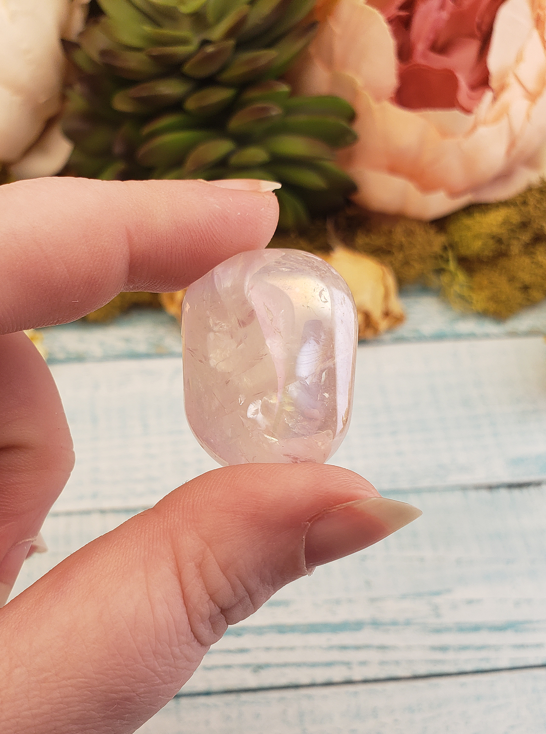 Fantasy Aura Rose Quartz Tumbled Gemstone - One Stone in Hand
