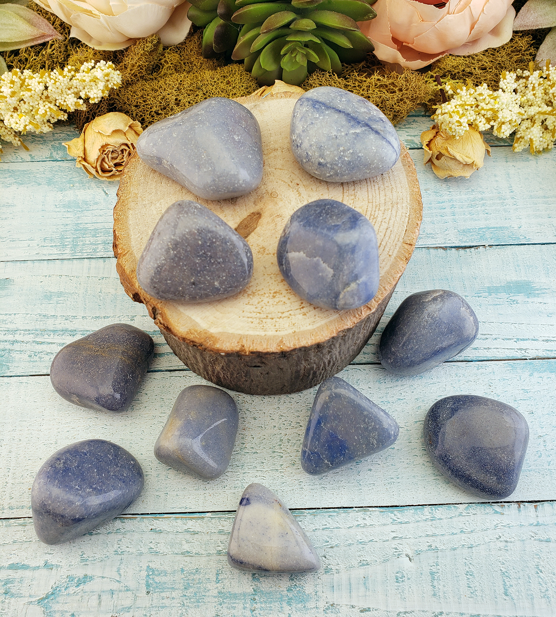 Blue Quartz Natural Tumbled Gemstone - Large One Stone - Group on Board