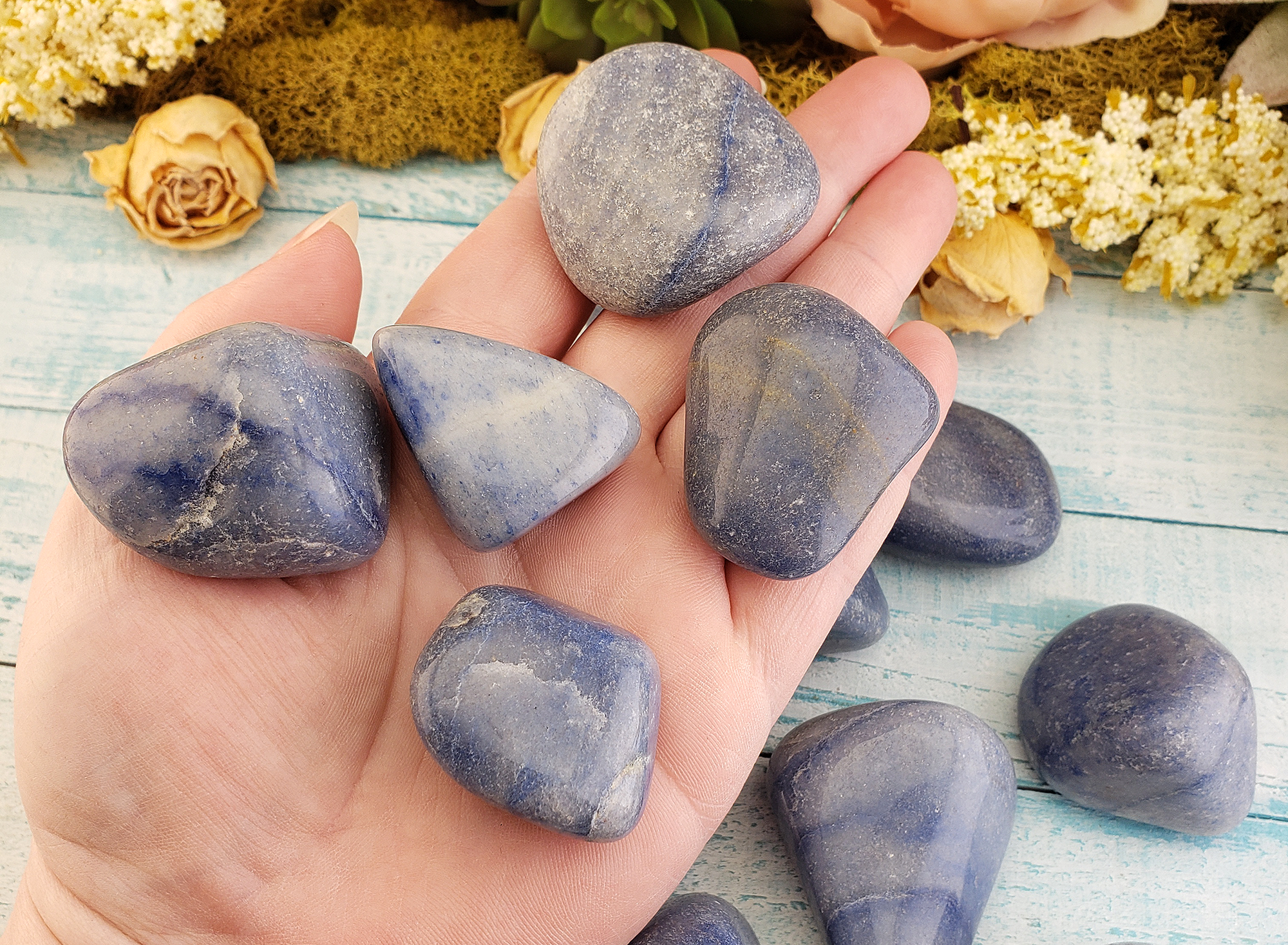 Blue Quartz Natural Tumbled Gemstone - Large One Stone - Close Up in Hand