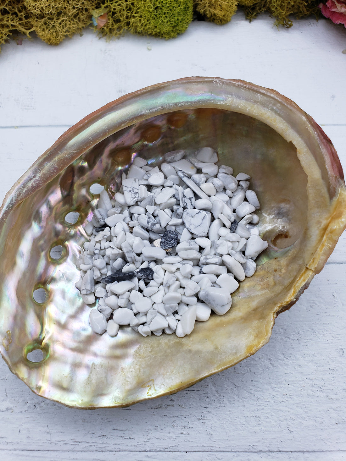 One ounce of howlite crystal chips in abalone shell