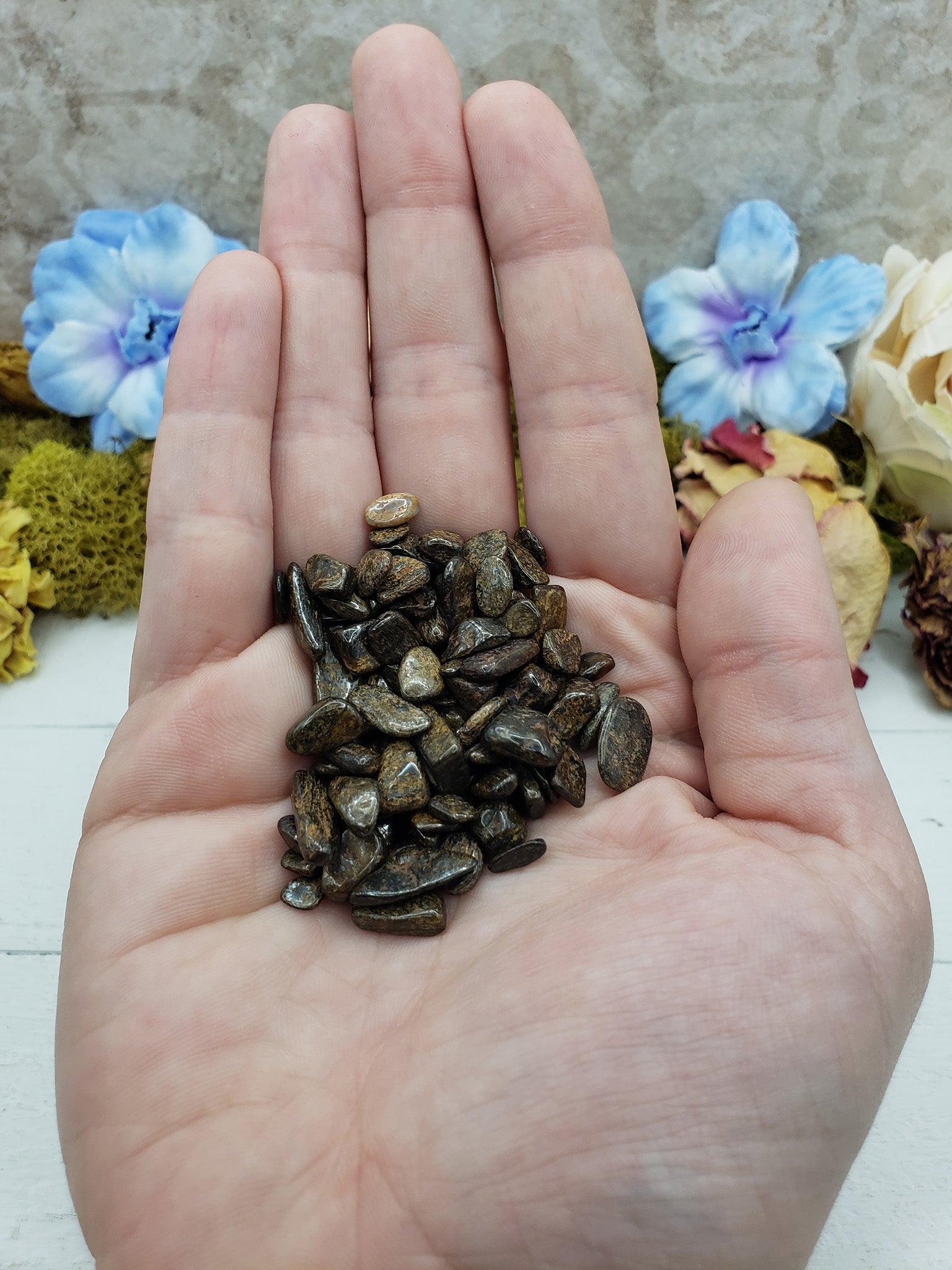 hand holding one ounce of bronzite chips