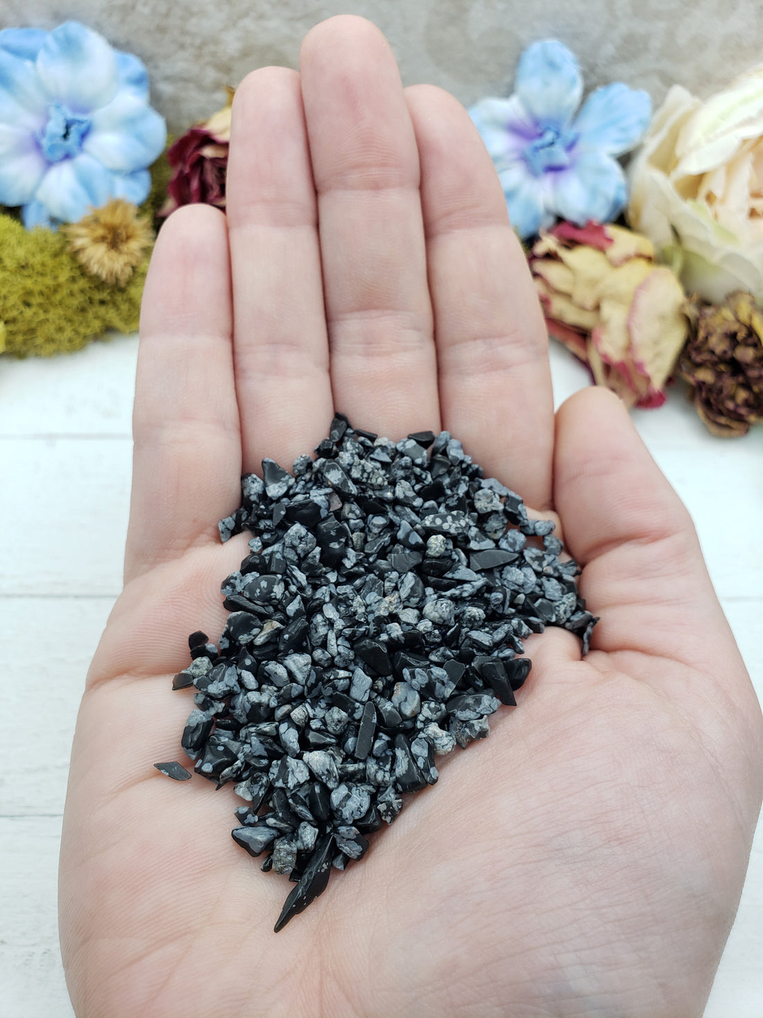 one ounce of snowflake obsidian crystal chips